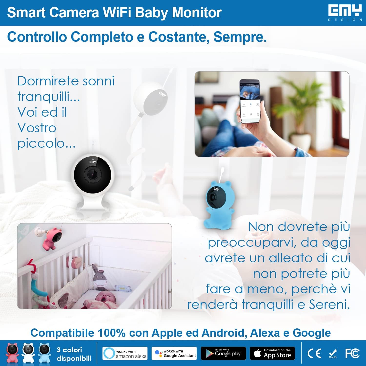 E.M.Y. Design Smart Baby Monitor Video e Audio WIFI, Rosa - immagine 2