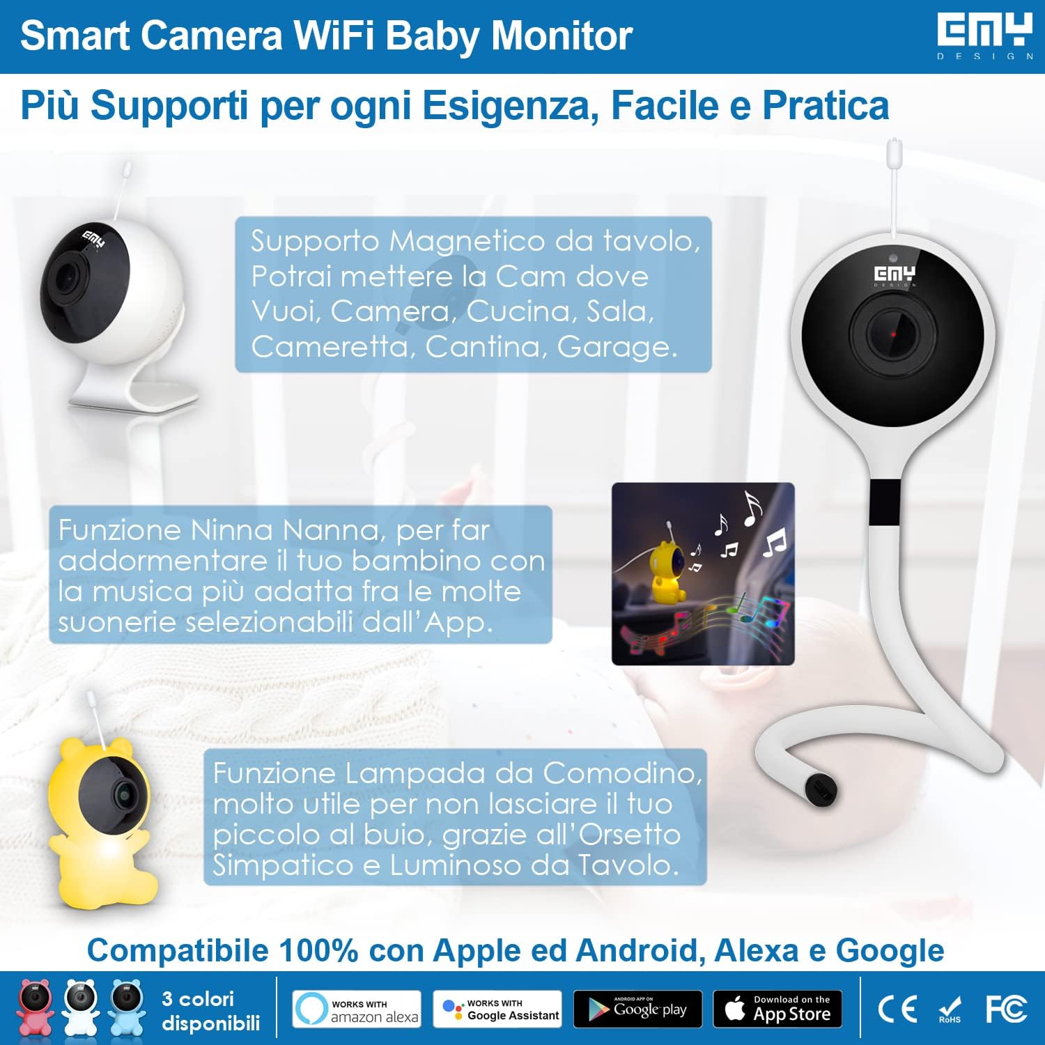 E.M.Y. Design Smart Baby Monitor Video e Audio WIFI, Rosa - immagine 4