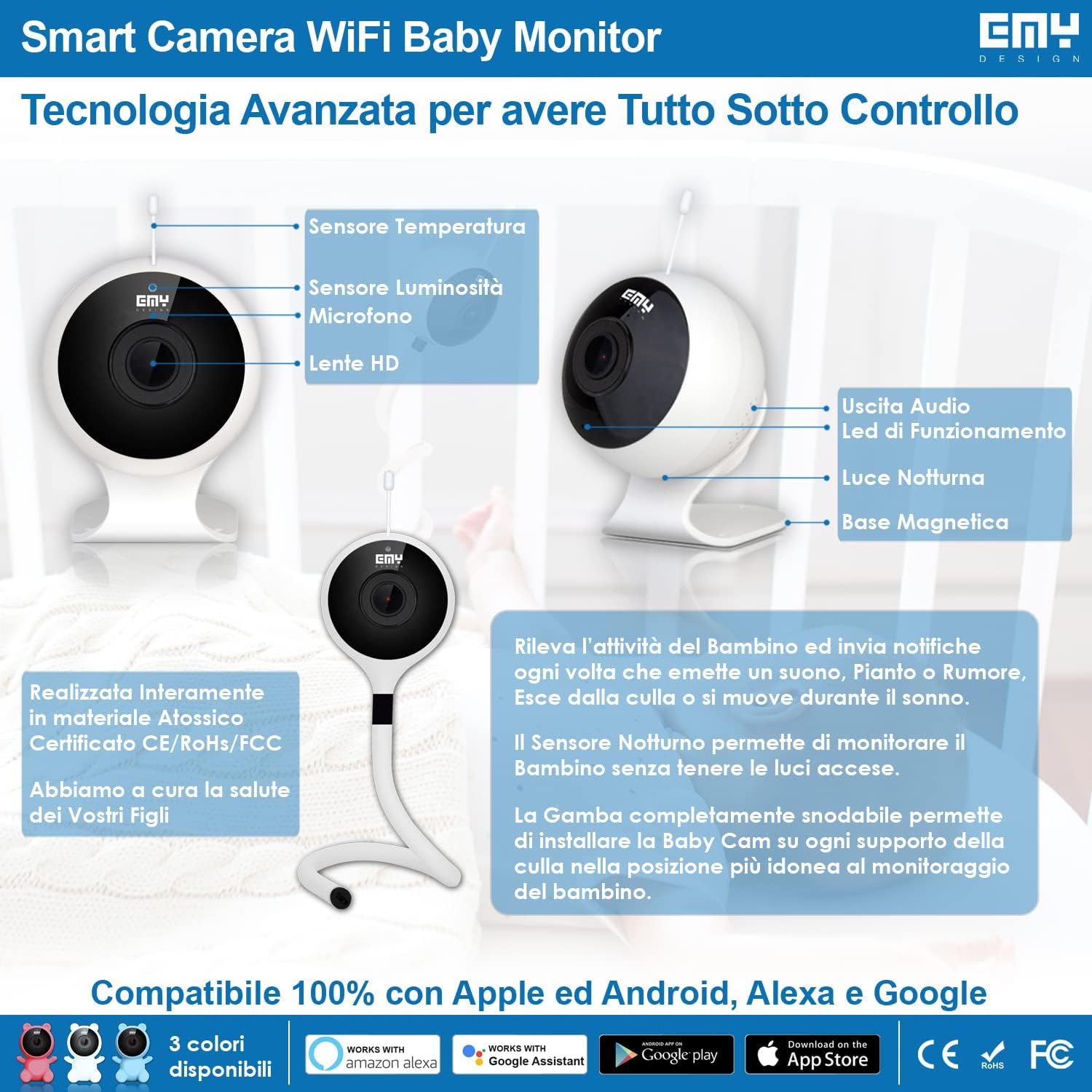 E.M.Y. Design Smart Baby Monitor Video e Audio WIFI, Rosa - immagine 5