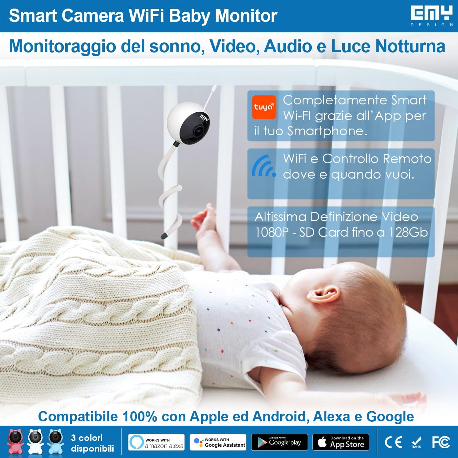 E.M.Y. Design Smart Baby Monitor Video e Audio WIFI, Rosa - immagine 6