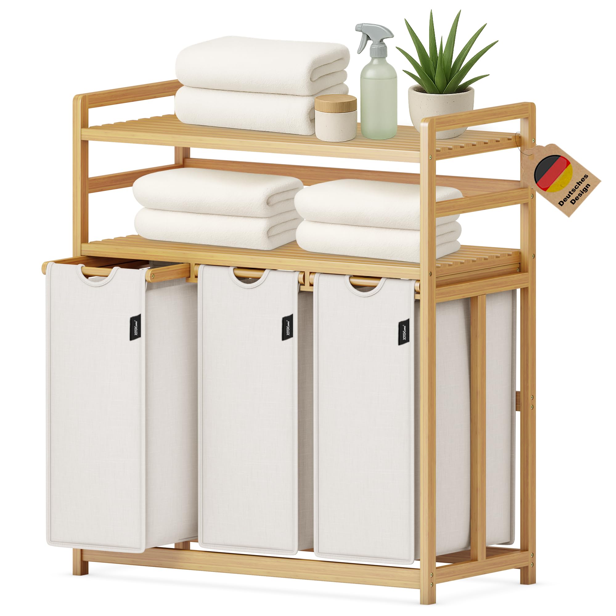 Cesto Portabiancheria 3 Scomparti 148L in Bambù