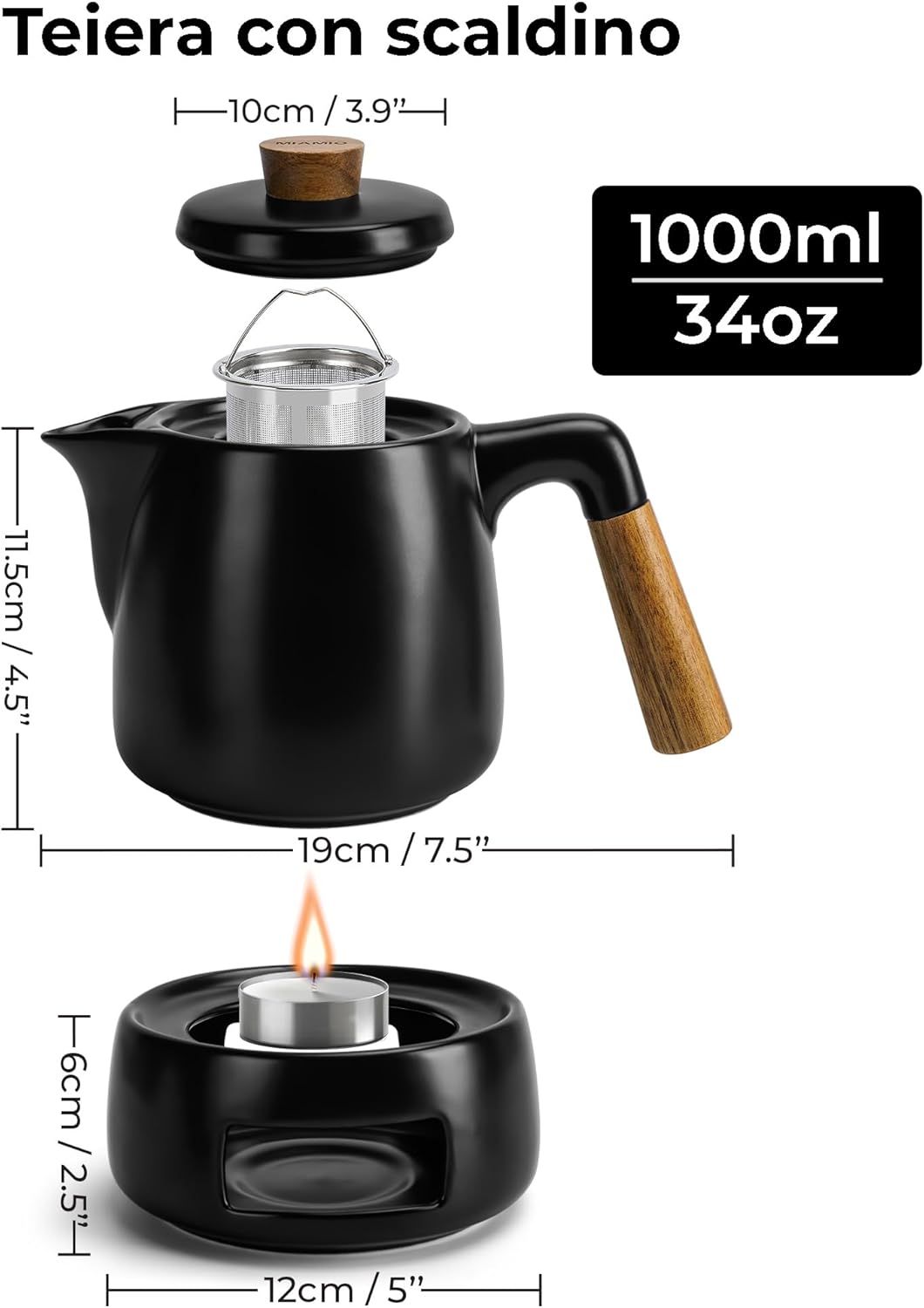 Miamio - Set Teiera con Scaldavivande 1L, Nero - immagine 2