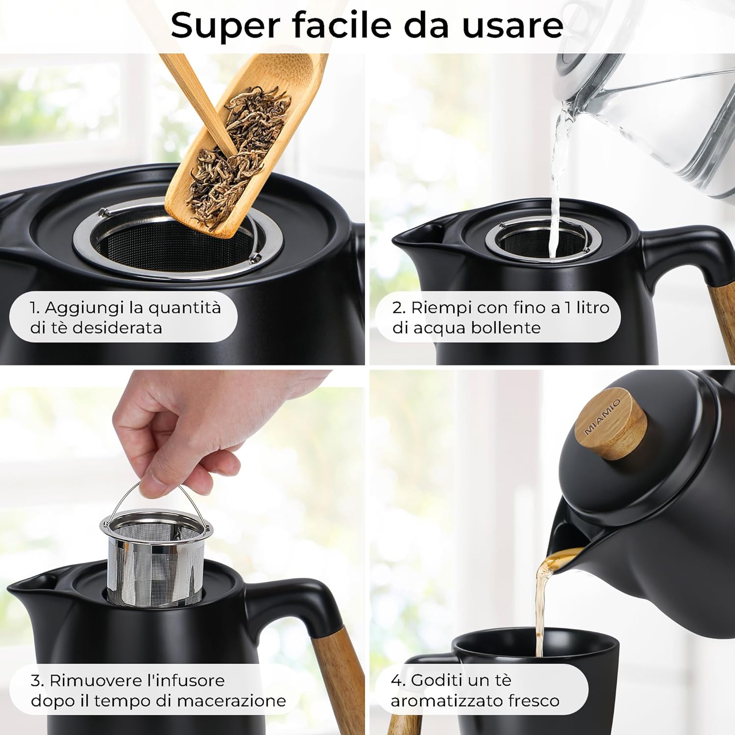 Miamio - Set Teiera con Scaldavivande 1L, Nero - immagine 4