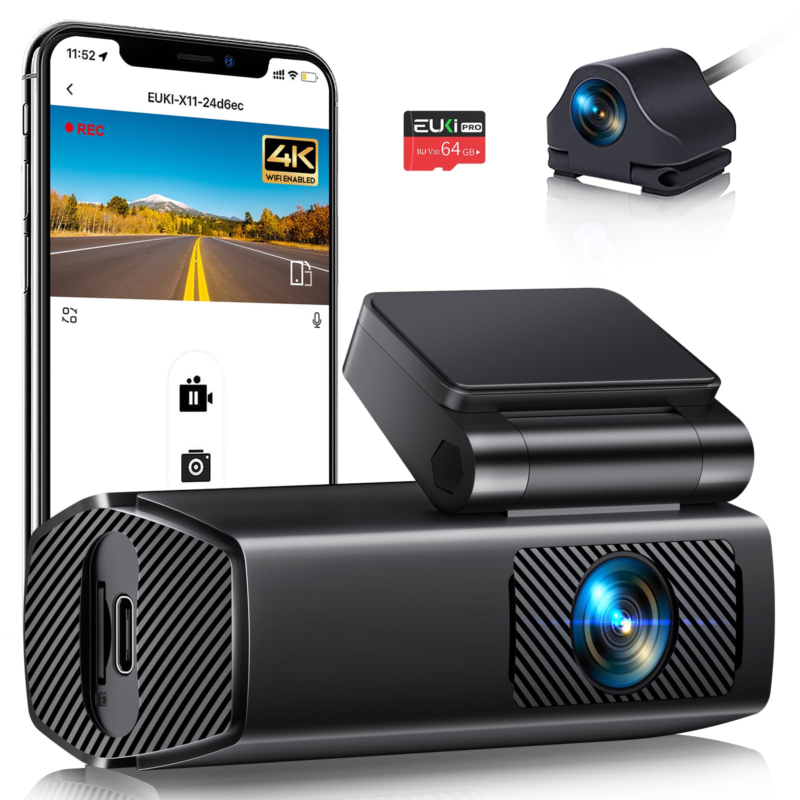 Euki 4K Dash Cam Front and Rear Wireless con WiFi | Velz