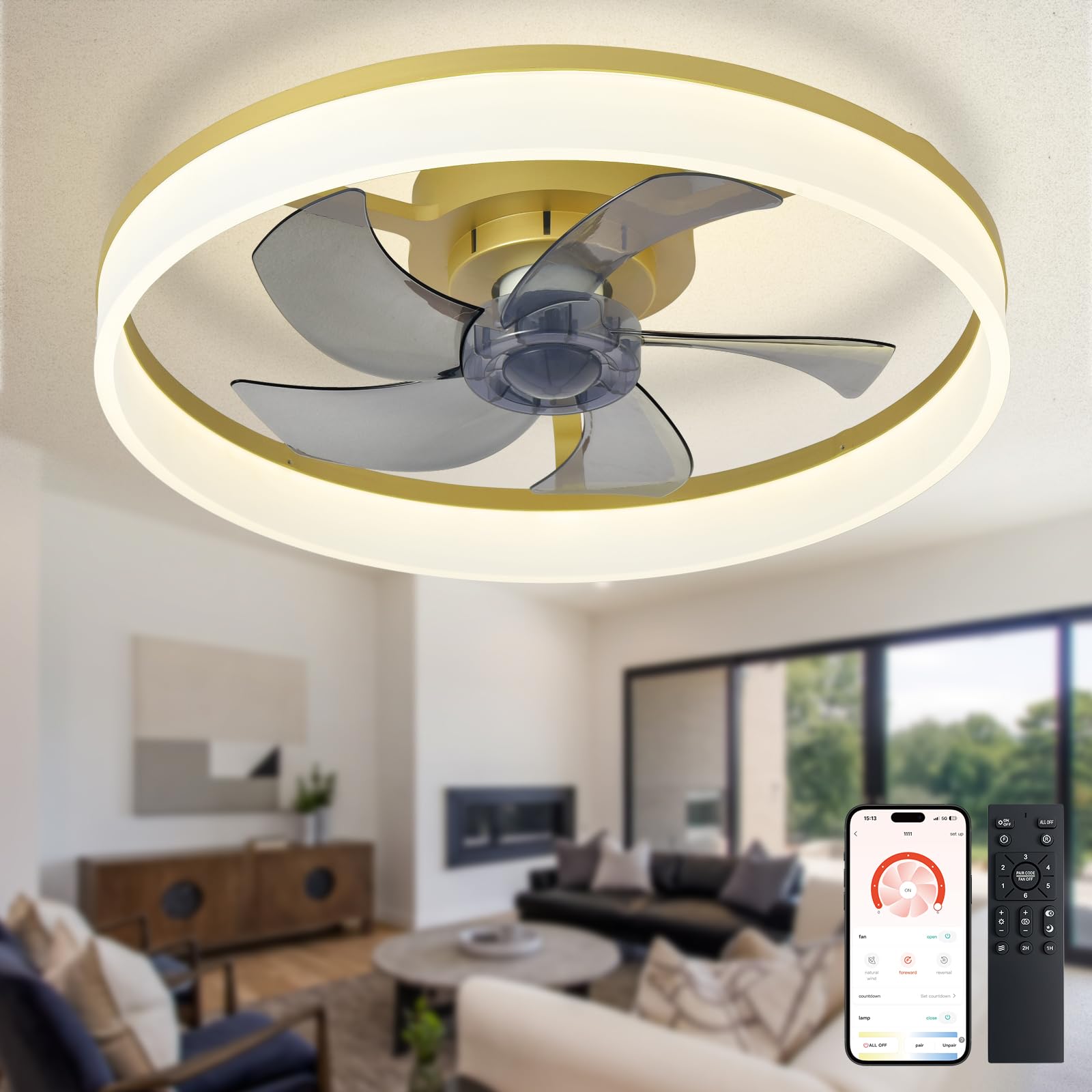 Depuley Ventilatore da soffitto a LED con illuminazione: 20" Lampadario moderno a basso profilo da incasso con telecomando - Lampada a ventilatore senza pale dorata dimmerabile per camera da letto