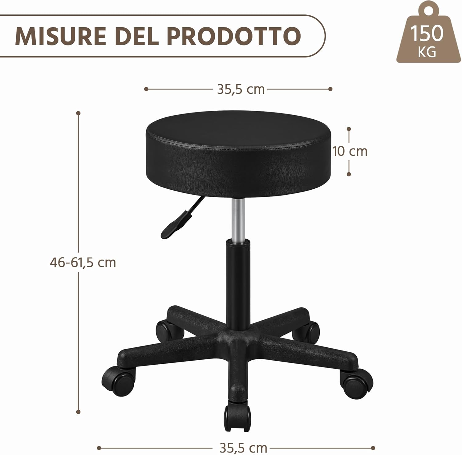 Yaheetech Sgabello con Ruote e Cuscino Spesso, Nero - immagine 3