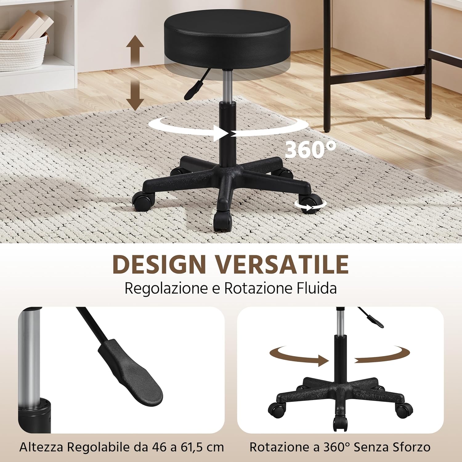 Yaheetech Sgabello con Ruote e Cuscino Spesso, Nero - immagine 4