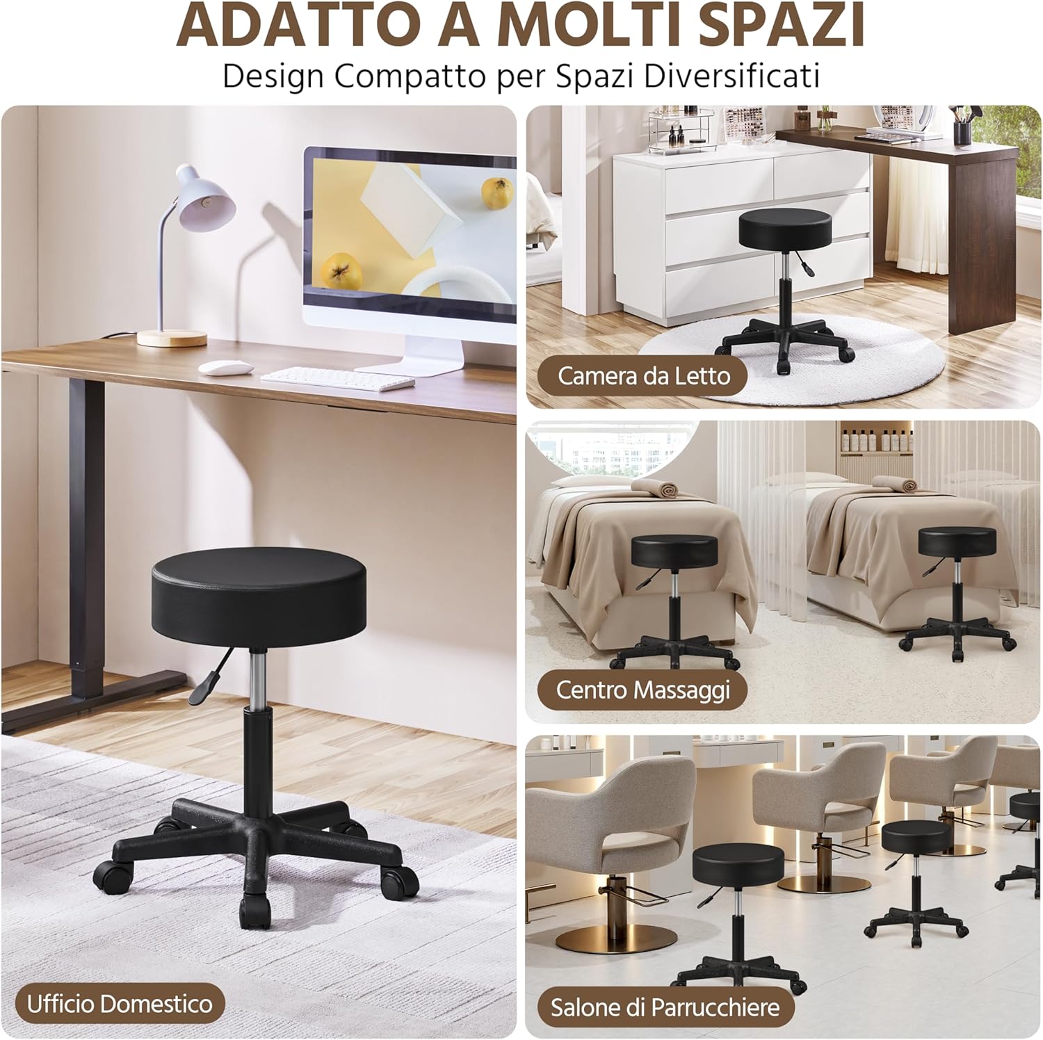 Yaheetech Sgabello con Ruote e Cuscino Spesso, Nero - immagine 8