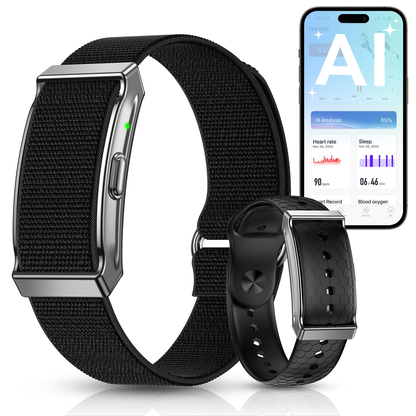 Fitness Tracker senza display Smart Band, 24/7 attività tracker con frequenza cardiaca ciclo mestruale SpO2, contapassi con batteria 35 giorni, 120+ modalità sportive, analisi AI IP68 impermeabile