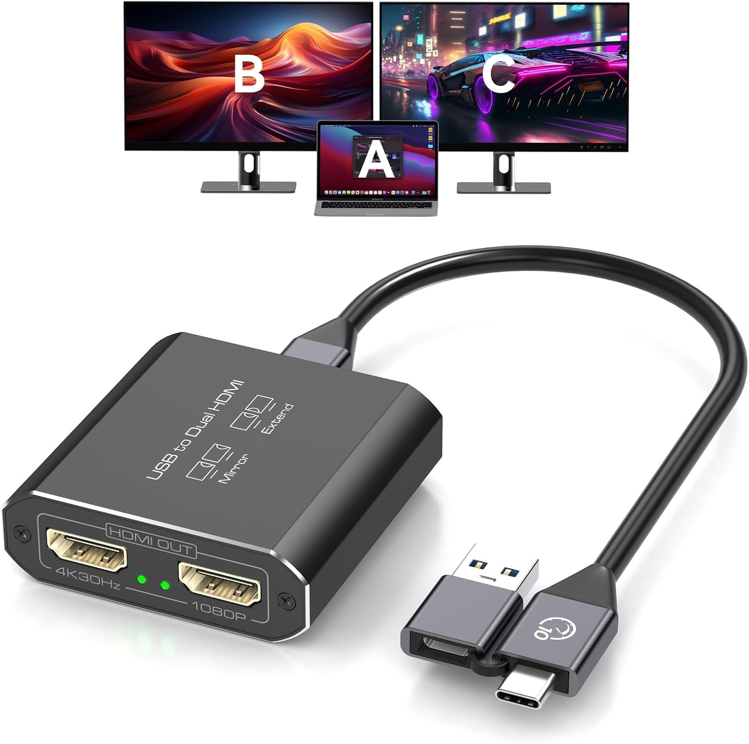 Adattatore USB 3.0 a Dual HDMI, 4K 30Hz e 1080P 60Hz Display Divisore, modalità di espansione e specchio per Windows/MacOS, Plug & Play