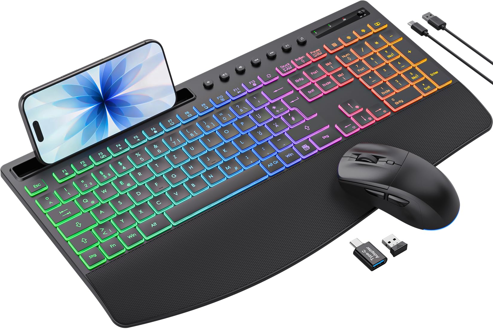 Set Tastiera e Mouse Wireless Ergonomico, Nero