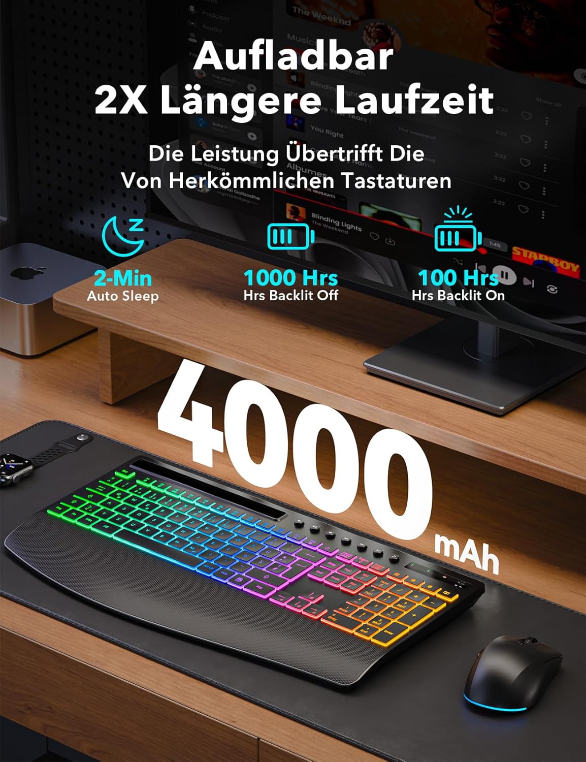 Set Tastiera e Mouse Wireless Ergonomico, Nero - immagine 3