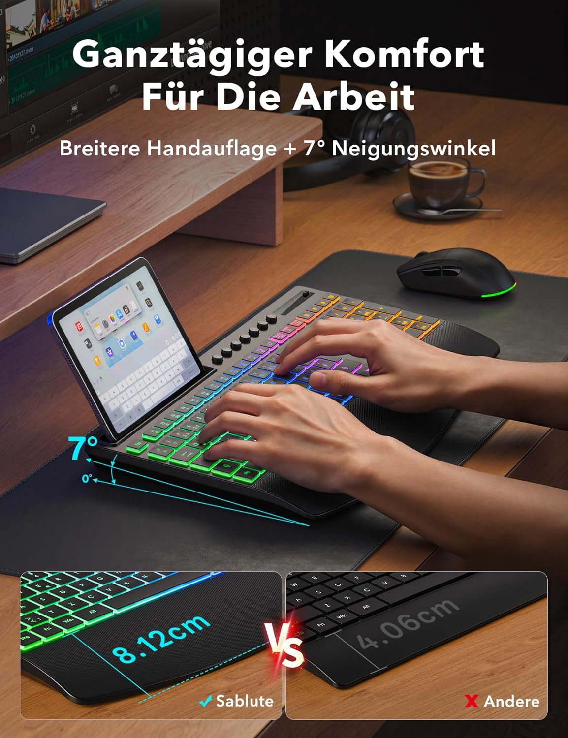 Set Tastiera e Mouse Wireless Ergonomico, Nero - immagine 5