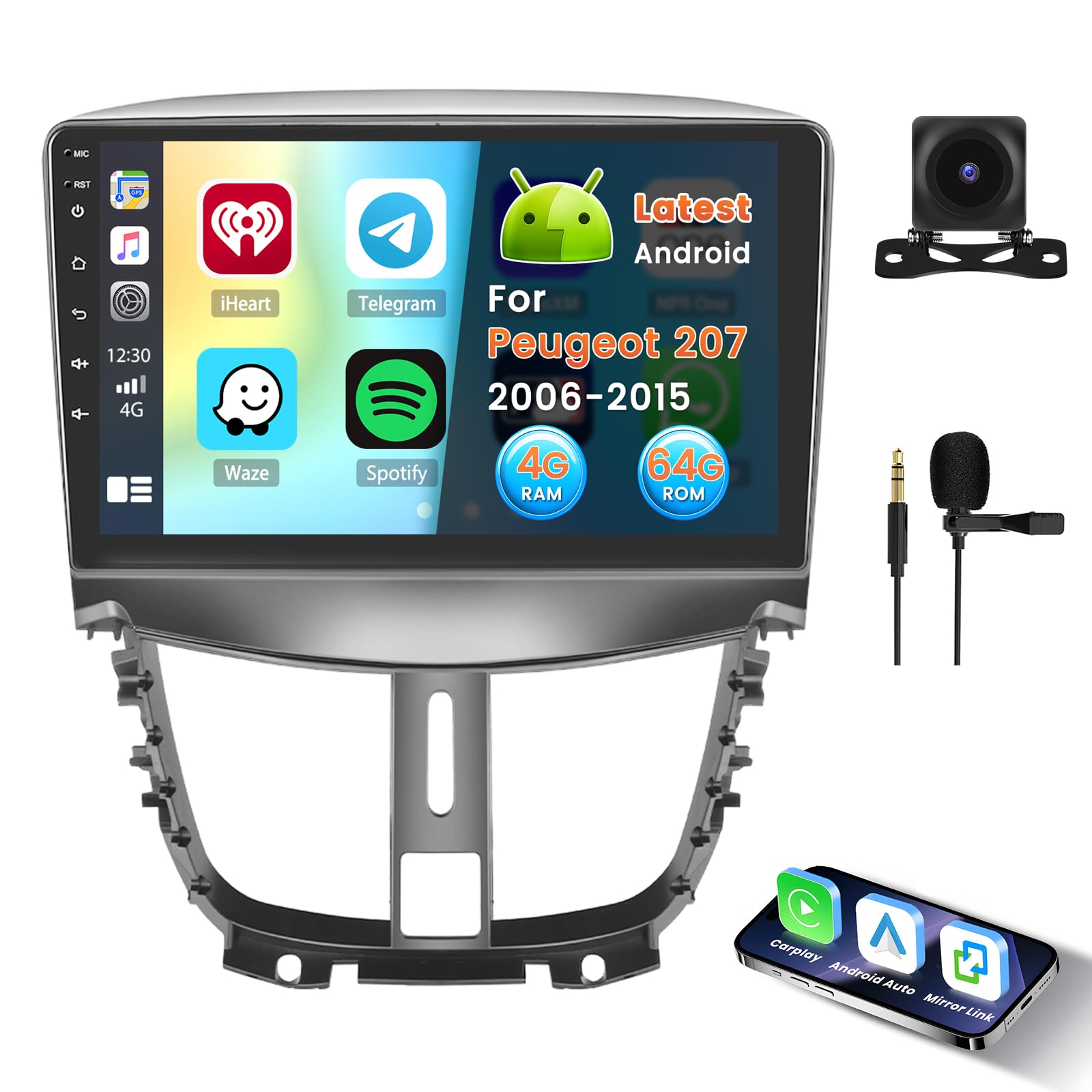 Inefala 4+64G Autoradio per Peugeot 207 2006-2015 Android 15 con Wireless CarPlay Android Auto, 9 Pollici Auto Radio Soporta Bluetooth DAB WIFI 59UI GPS FM HiFi SWC AHD Telecamera Posteriore