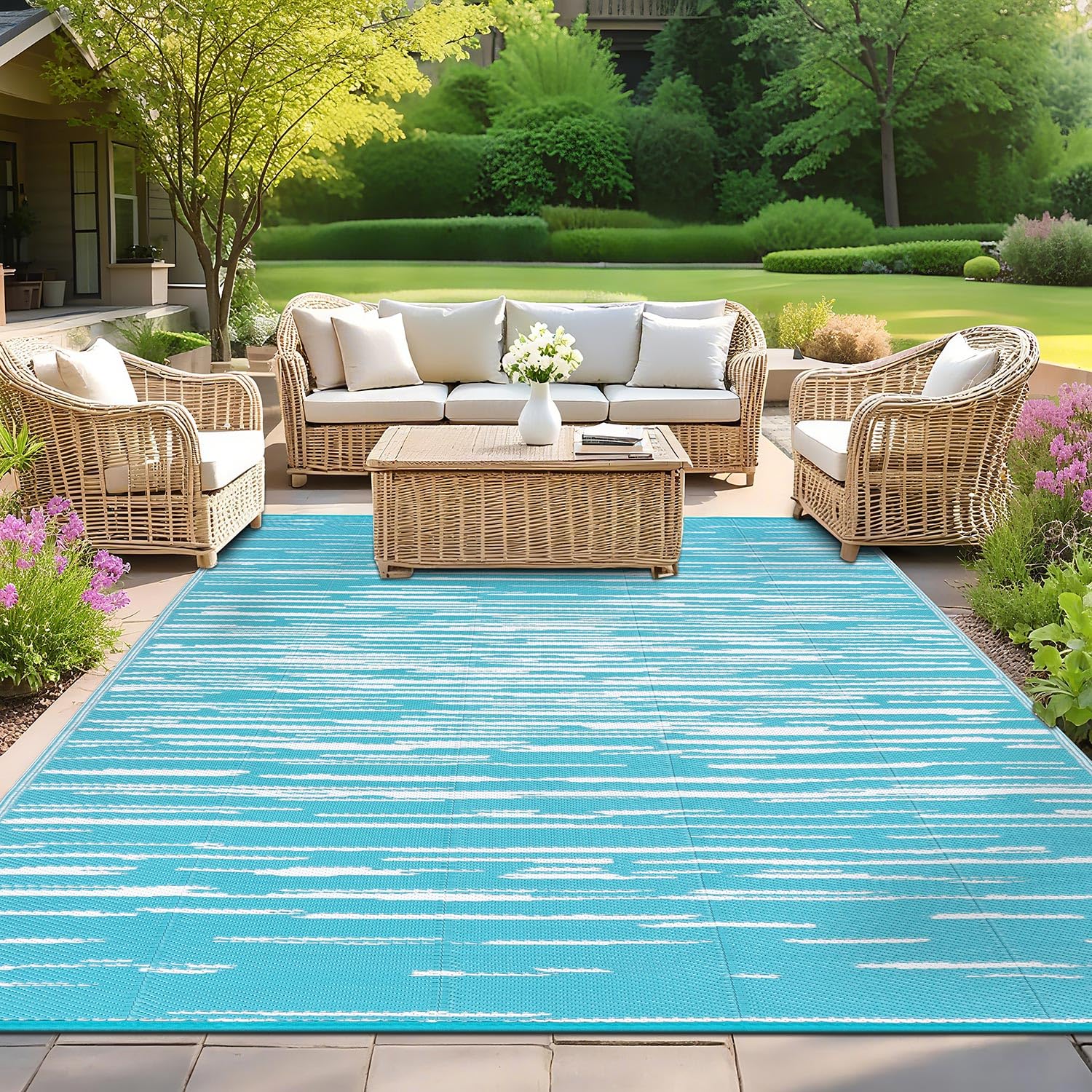 SHACOS Tappeto da Esterno per Giardino, 180 x 270 cm, Tappeti da Esterno Patio Impermeabile, Tappeto in Plastica Reversibile, UV Resistente, Tappeto Campeggio Esterno per Terrazza Balcone Picnic, Blu