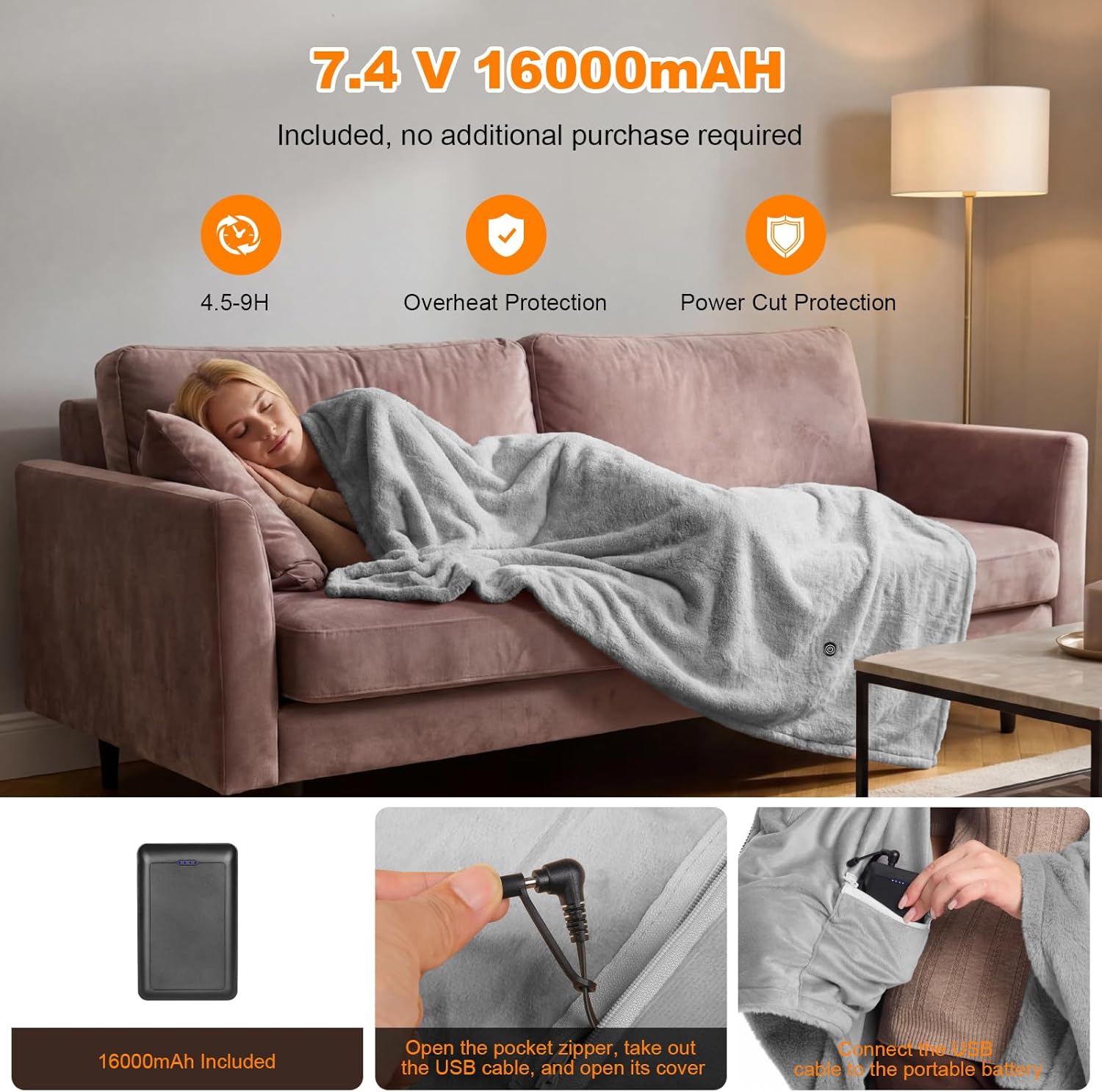 Coperta Riscaldante Senza Fili 160x90cm con Batteria 16000 mAh - immagine 3