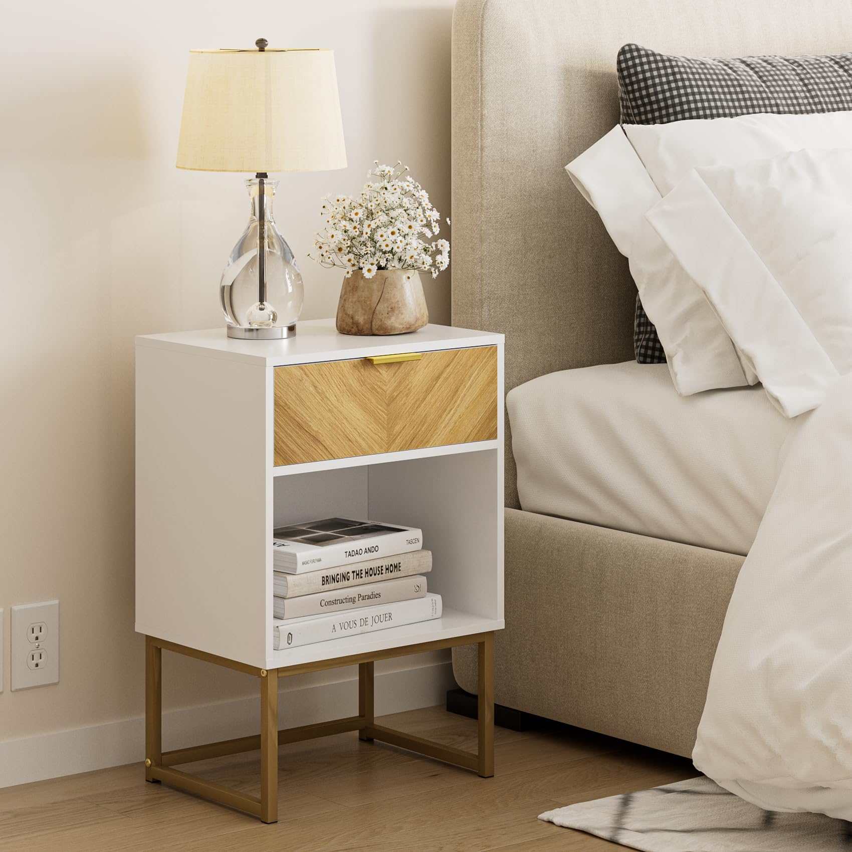 Comodino Bianco Moderno con Cassetto in Rovere