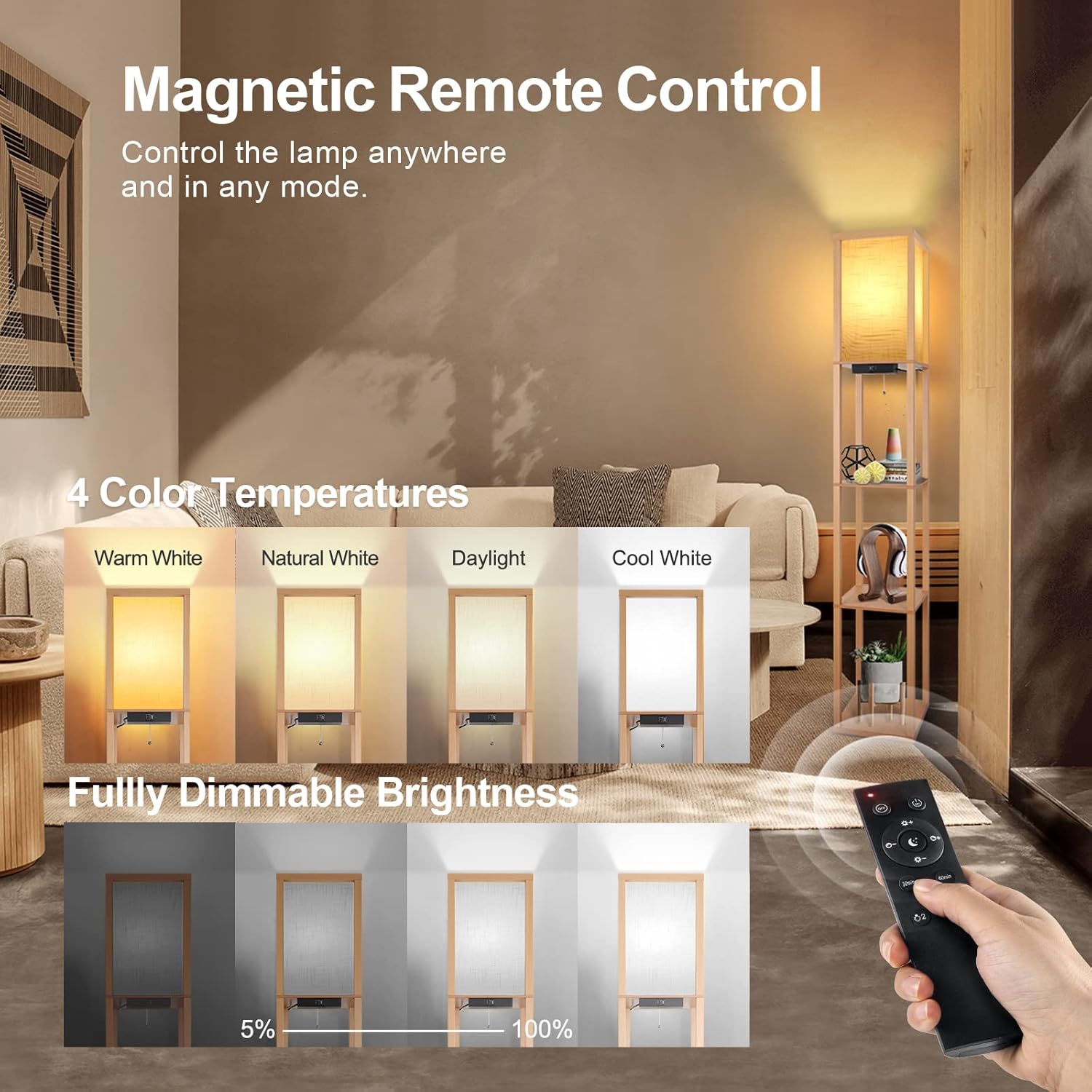 OUTON Lampada da Terra Legno con Scaffale e Telecomando - immagine 2