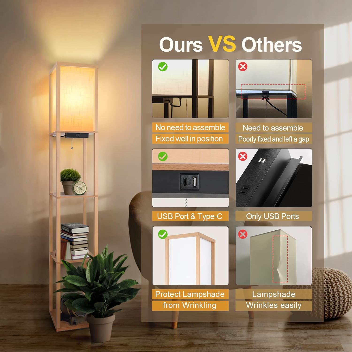 OUTON Lampada da Terra Legno con Scaffale e Telecomando - immagine 3