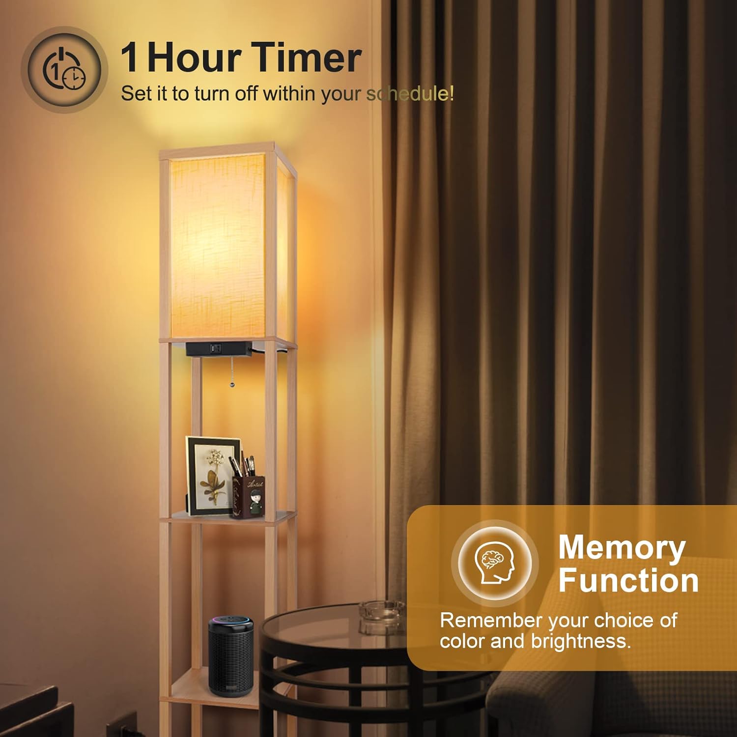 OUTON Lampada da Terra Legno con Scaffale e Telecomando - immagine 5