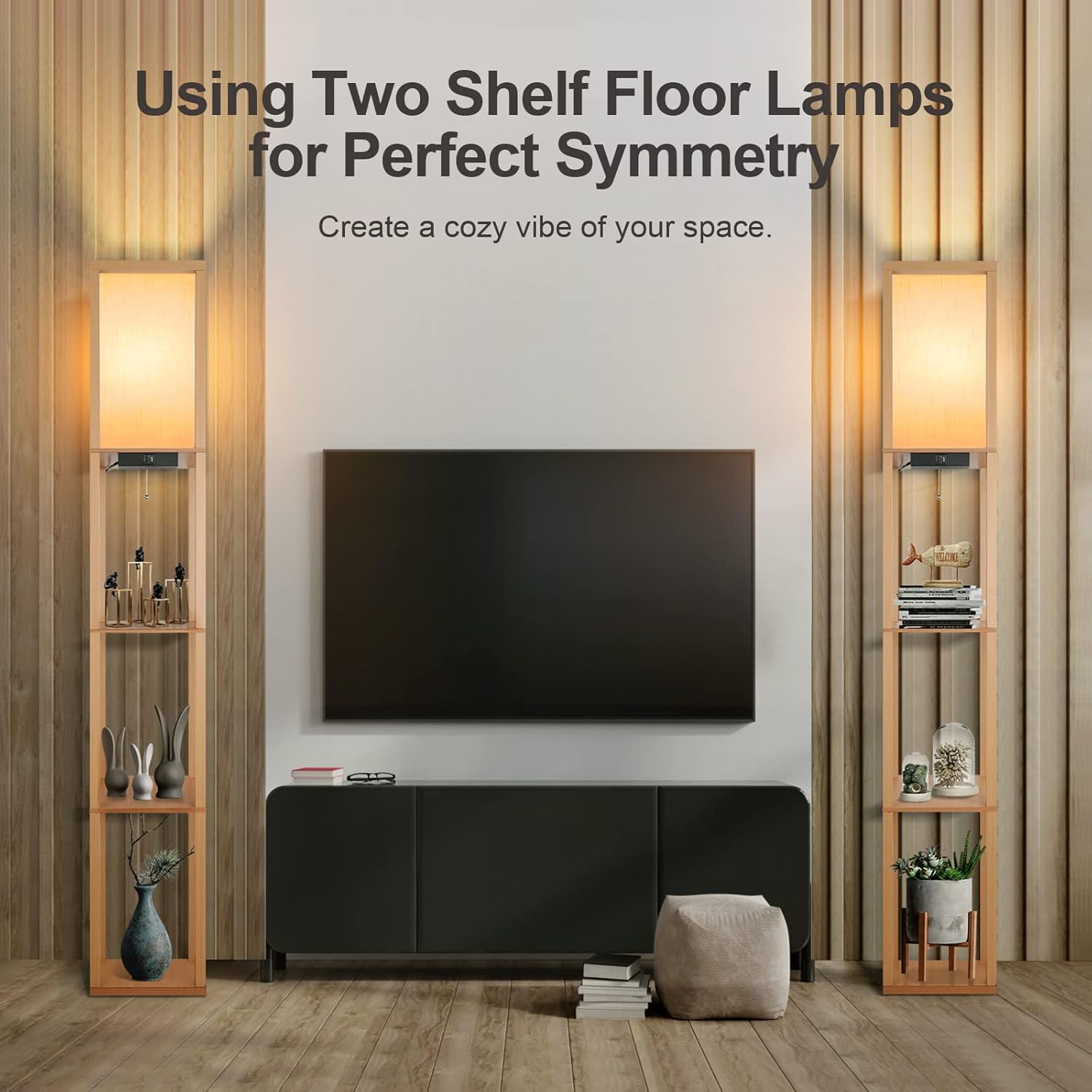 OUTON Lampada da Terra Legno con Scaffale e Telecomando - immagine 7