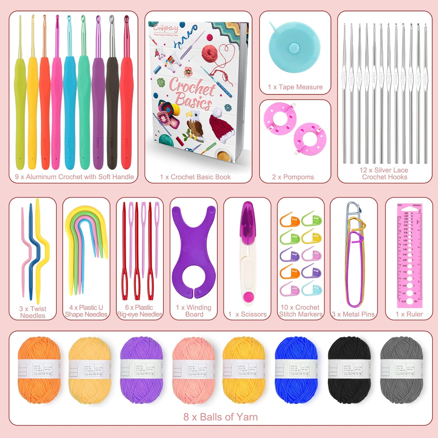 Coopay Kit Uncinetto per Principianti 61 Pezzi, Rosa - immagine 3