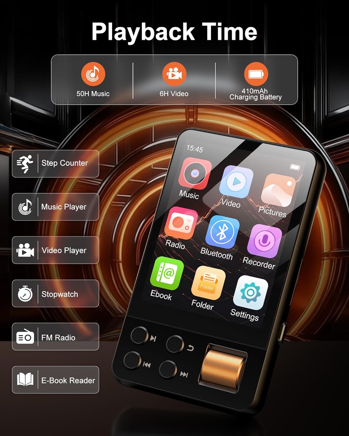 Lettore MP3 Bluetooth 64GB con Cuffie, Nero - immagine 7