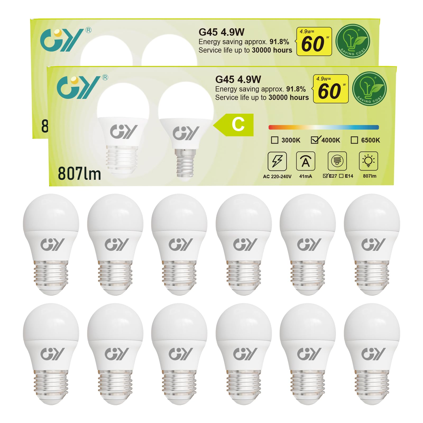 Gy Lampadine LED E27 G45 4.9W, 12 Pezzi