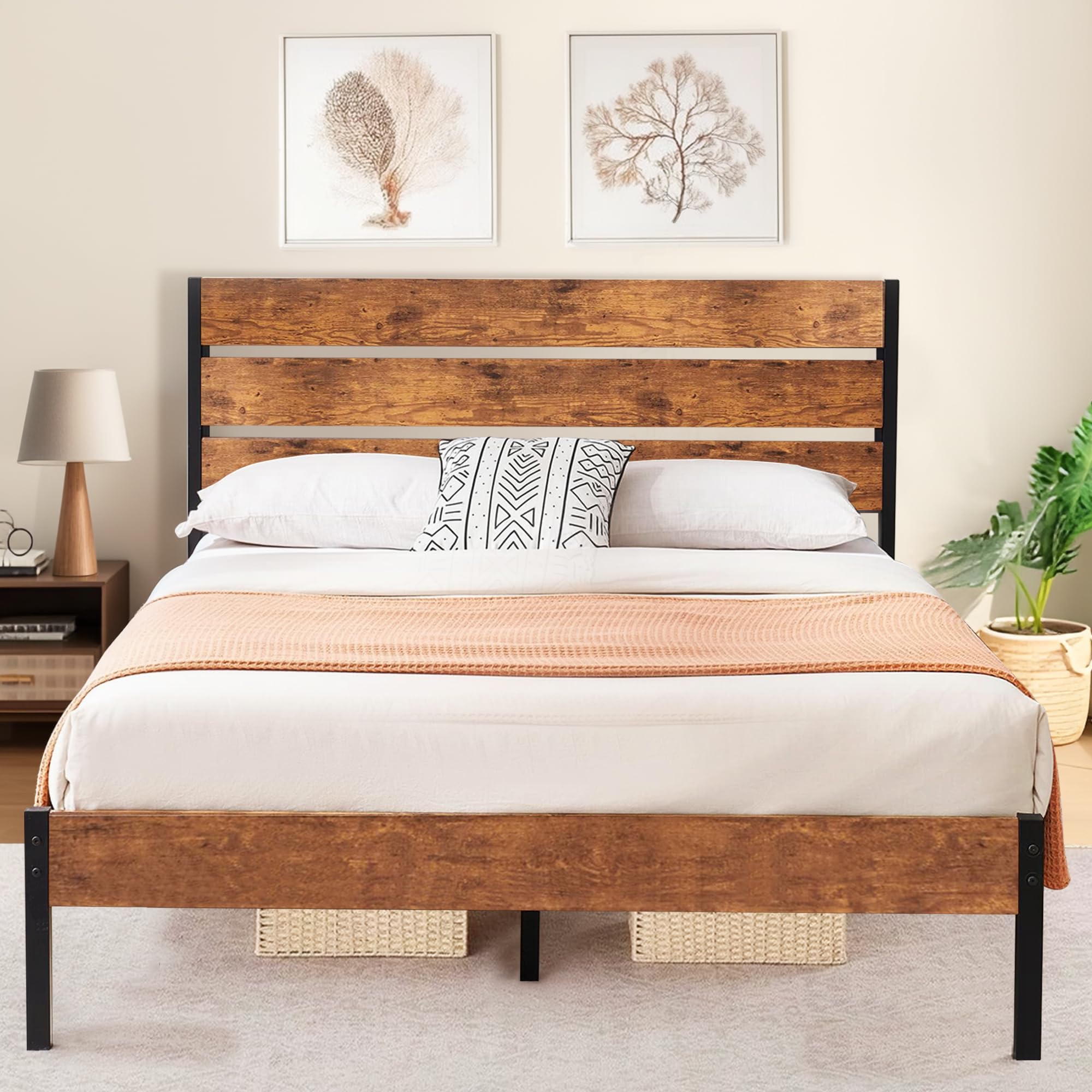 VECELO Telaio Letto Matrimoniale in Legno 140x200cm, Marrone