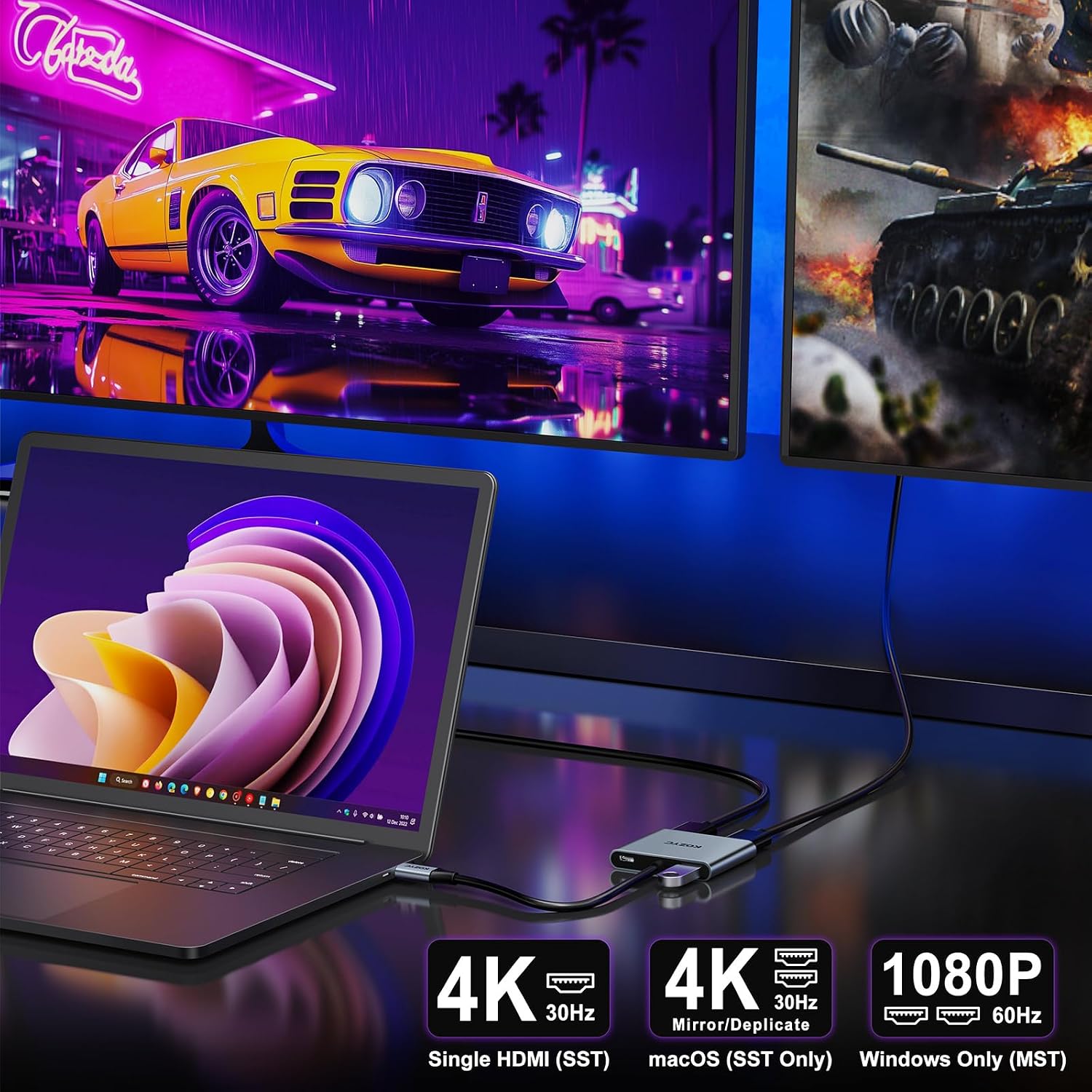 ACASIS DisplayLink Adattatore USB C a Doppio HDMI 4K@60Hz, PD 100W | Docking Station con 3 porte USB-A, per Mac M1/M2/M3/M4/MacBook Neo, Windows, Doppio Monitor Esteso,Nero