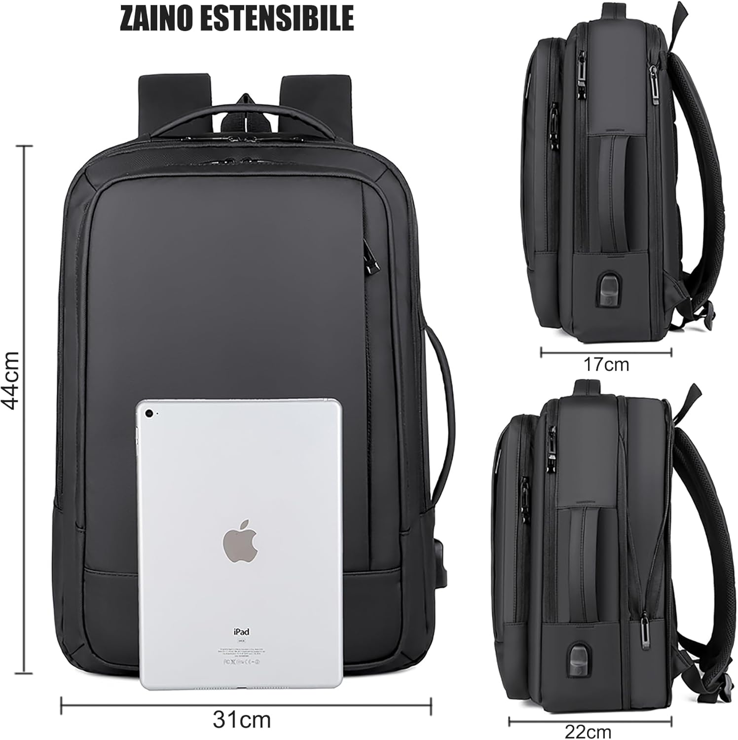 Mixroom Zaino da Viaggio Porta PC Estendibile 15.6'' (Nero) - immagine 2