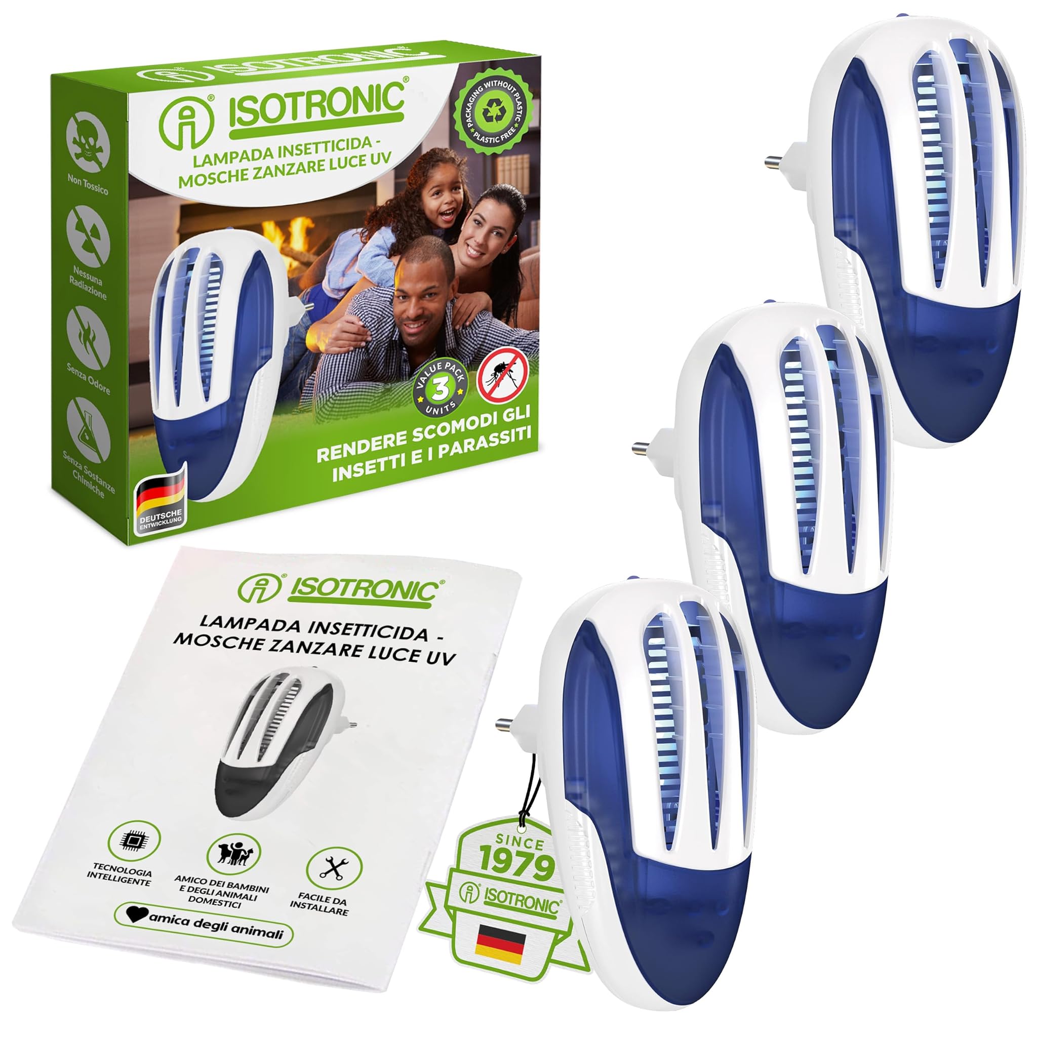 Isotronic Distruggiamosche Elettrico a Luce UV (3 Pezzi)