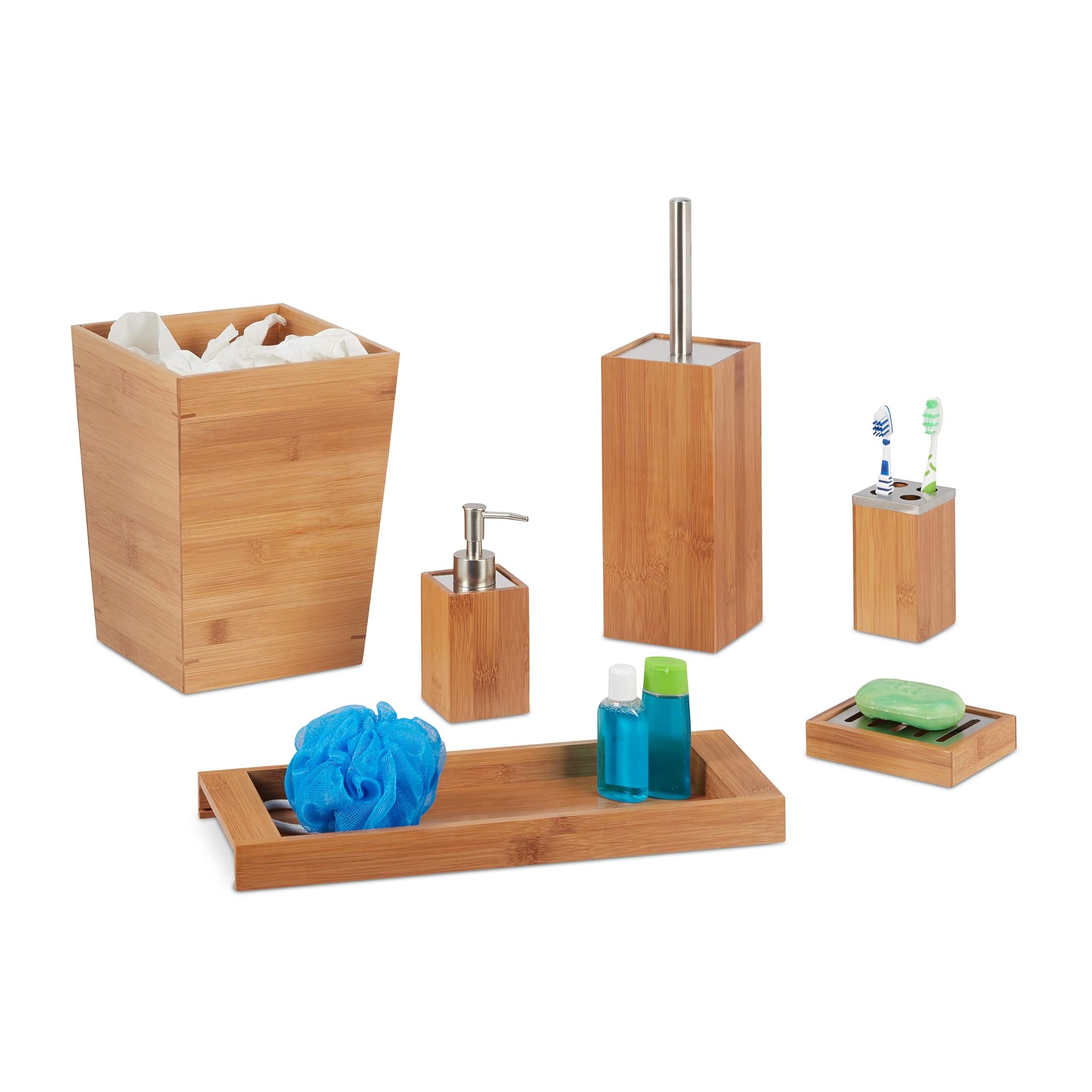 Relaxdays Kit Bagno 6 pz in bambù, Legno Naturale