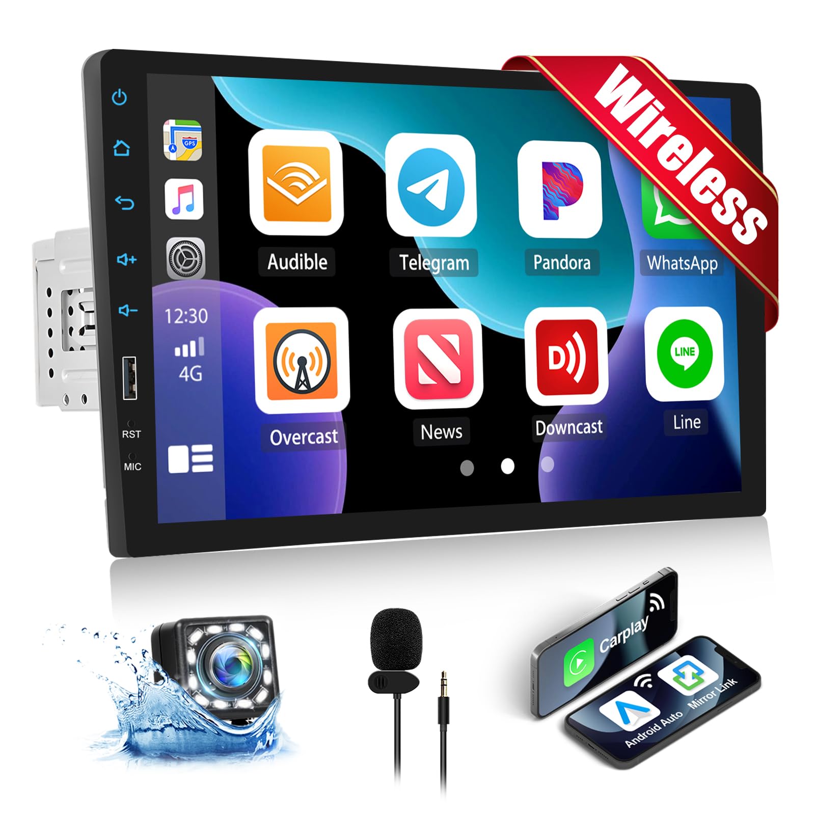 Camecho Autoradio 1 Din Wireless Carplay Android Auto 9''