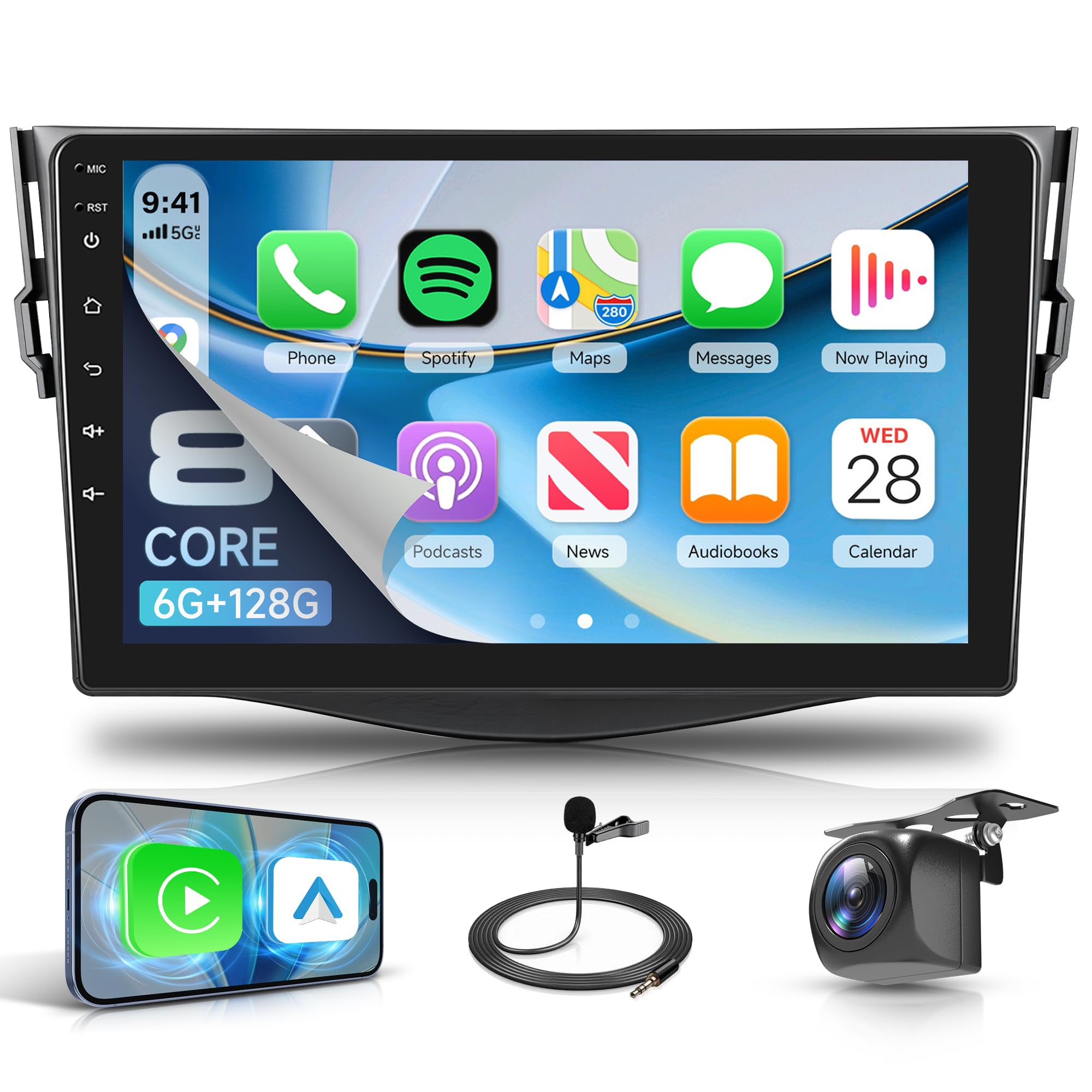 Rimoody 6G+128G 8 Core Android Autoradio per Toyota RAV4 2007-2012, 9 Pollici Schermo Carplay Android Auto Senza Fili Bluetooth FM/RDS/EQ/DSP WiFi GPS Panoramica a 360° Comandi al Volante Retrocamera
