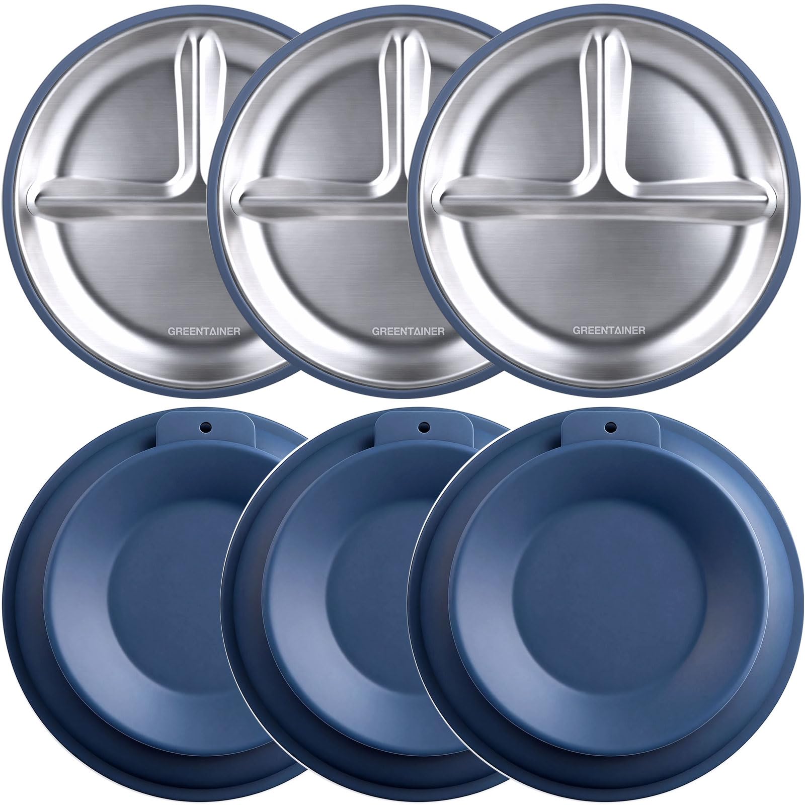 Piatto per bambini in acciaio inox con ventosa, 3 piatti in silicone per bambini con 3 ventose, piatto in acciaio inox, senza BPA, antiscivolo, in silicone, rimovibile, per bambini, colore