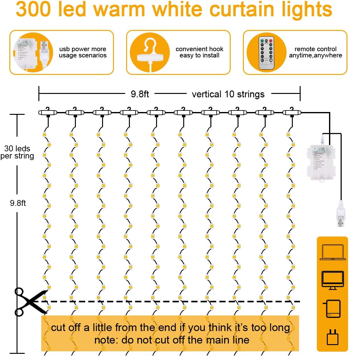 Vicloon Tenda Luci LED 3x3m 300 LED, Bianco Caldo - immagine 3