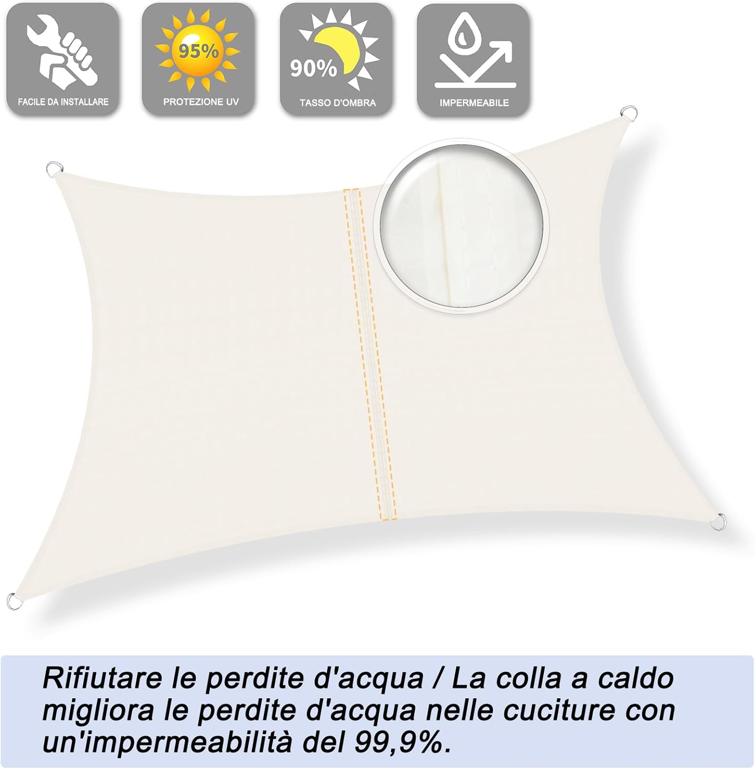 Sunnylaxx Tenda a Vela Rettangolare 3x4m, Crema - immagine 2