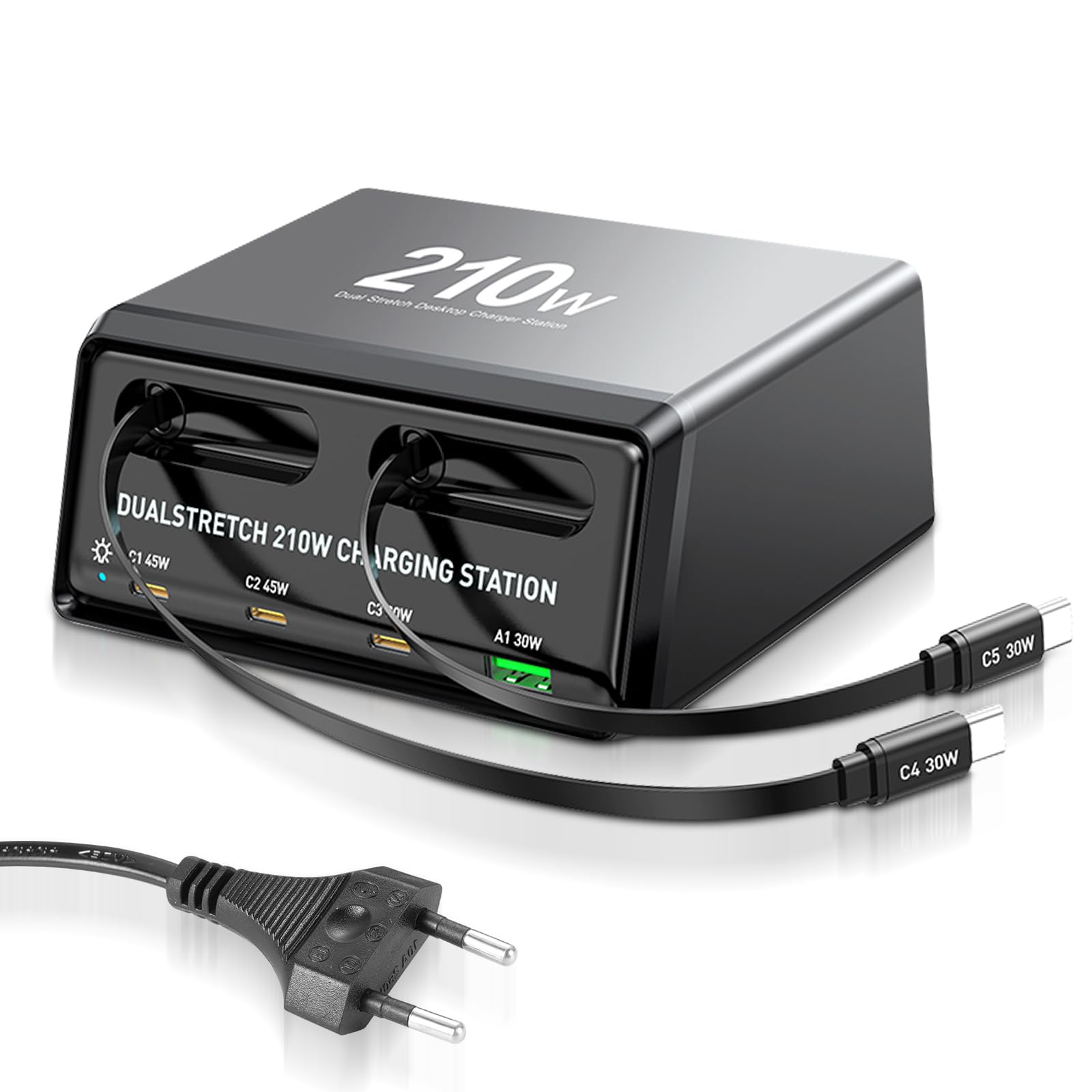 Caricatore USB C 6 in 1, multiuso, 210 W, USB per computer portatile, ricarica rapida (2 cavi USB-C + 3 C + 1 A), compatibile con MacBook Pro/Air, i-Pad, iPh0ne, HP, Galaxy S25 ecc