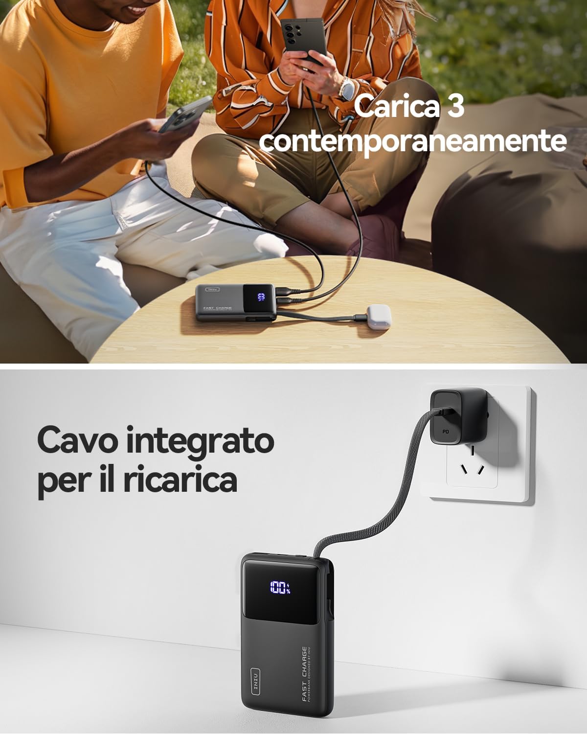 Iniu 45W Power Bank 10000mAh con Cavo USB-C Integrato - immagine 6