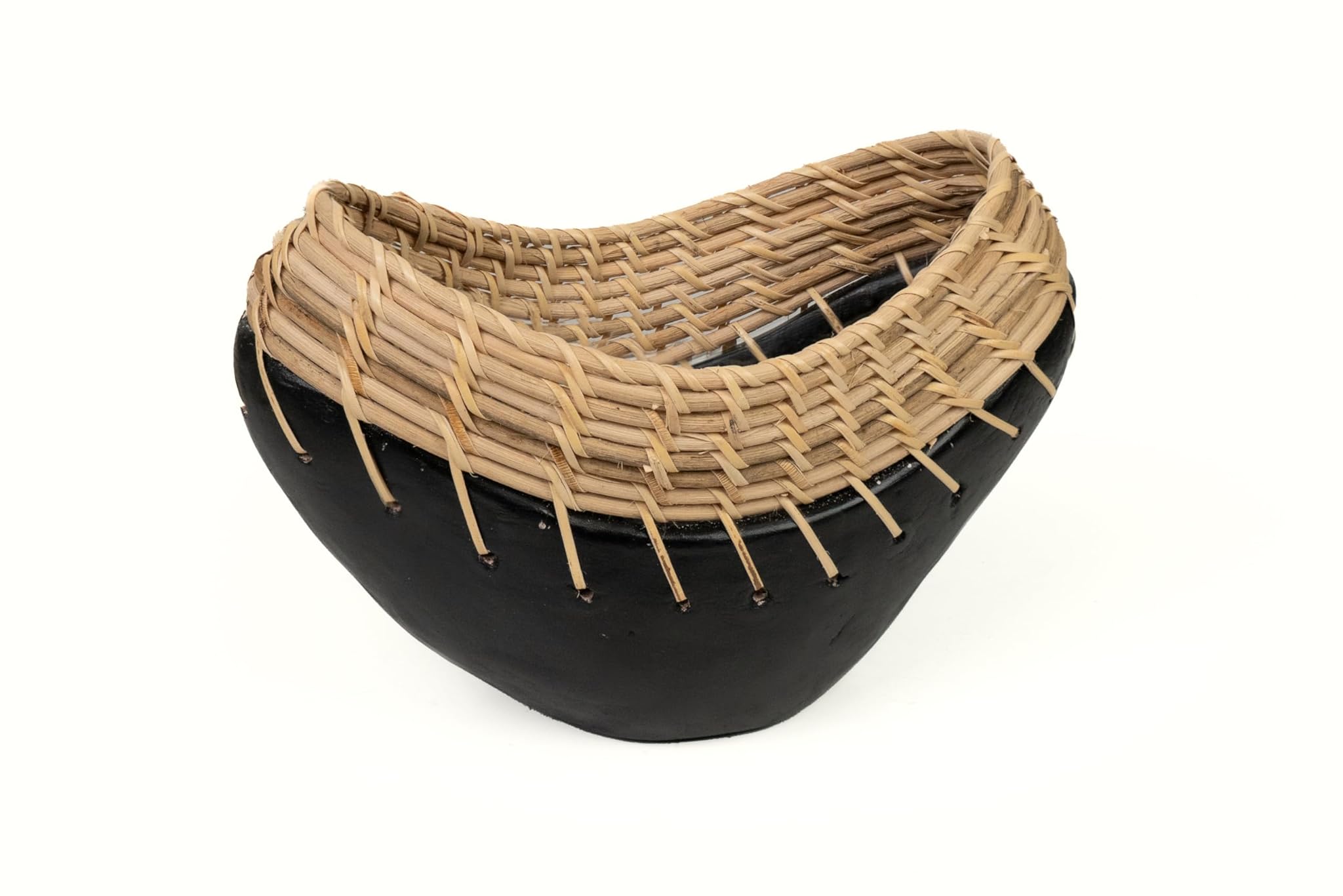 FLORERO CERAMICA NEGRO/RATTAN