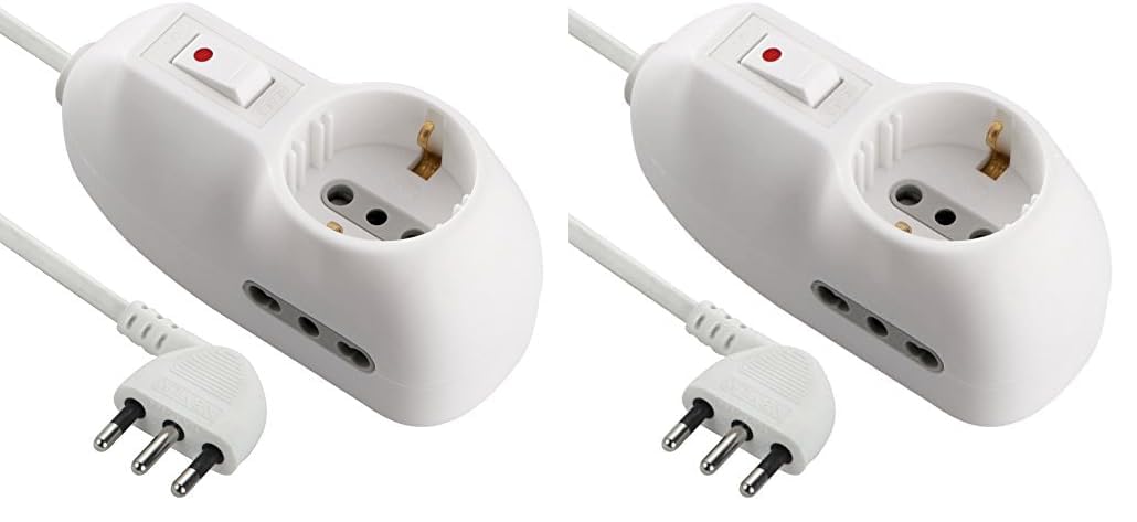 Electraline 62023 Multipresa Protetta, Cavo da 1 m, 3G0.75, Spina 10 A, Prese 1 Italiana/Tedesca e 2 Bipasso 10/16A, Interruttore di sicurezza, Bianco, 1m (Confezione da 2)
