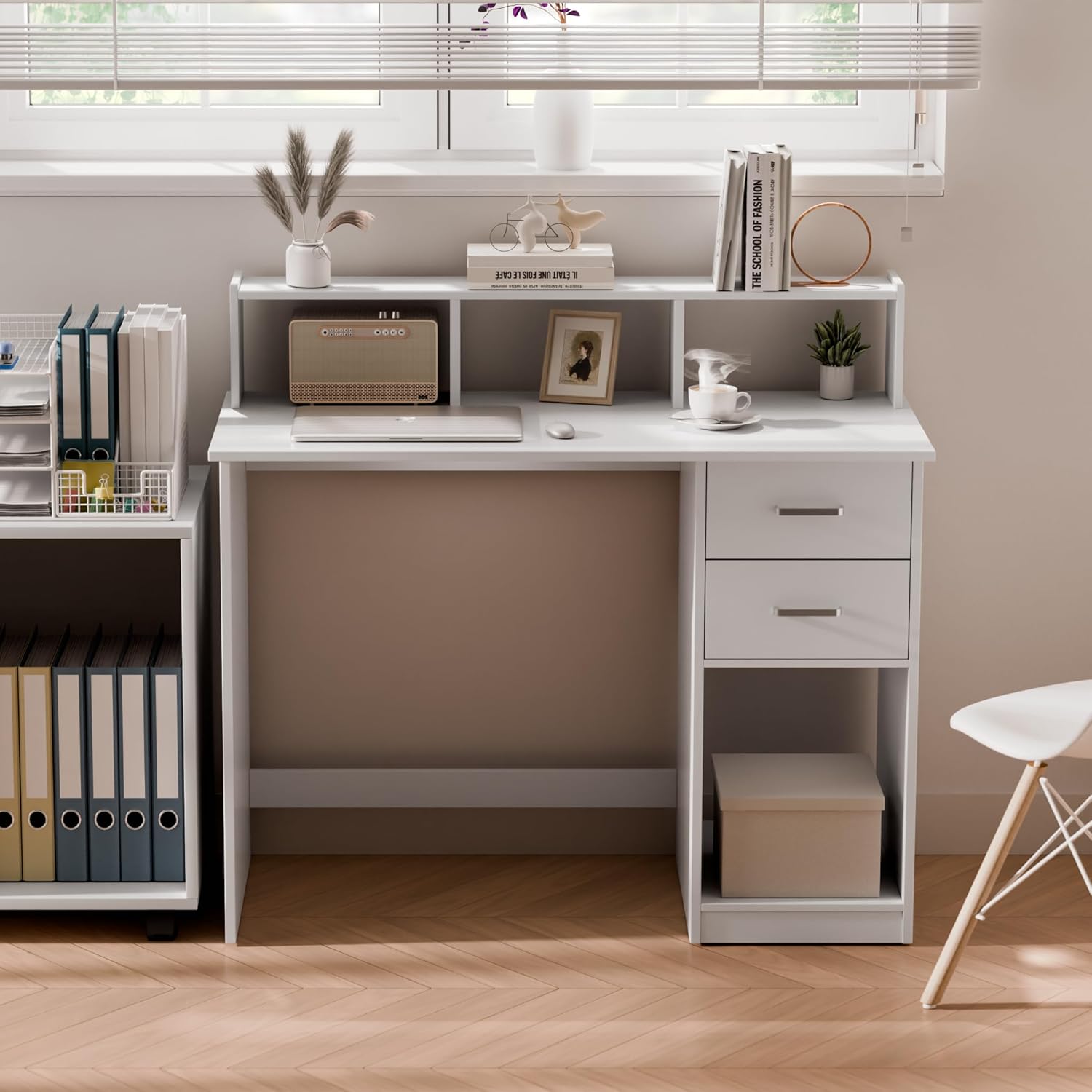 Mondeer Scrivania Computer Bianca con 2 Cassetti e Ripiani - immagine 3