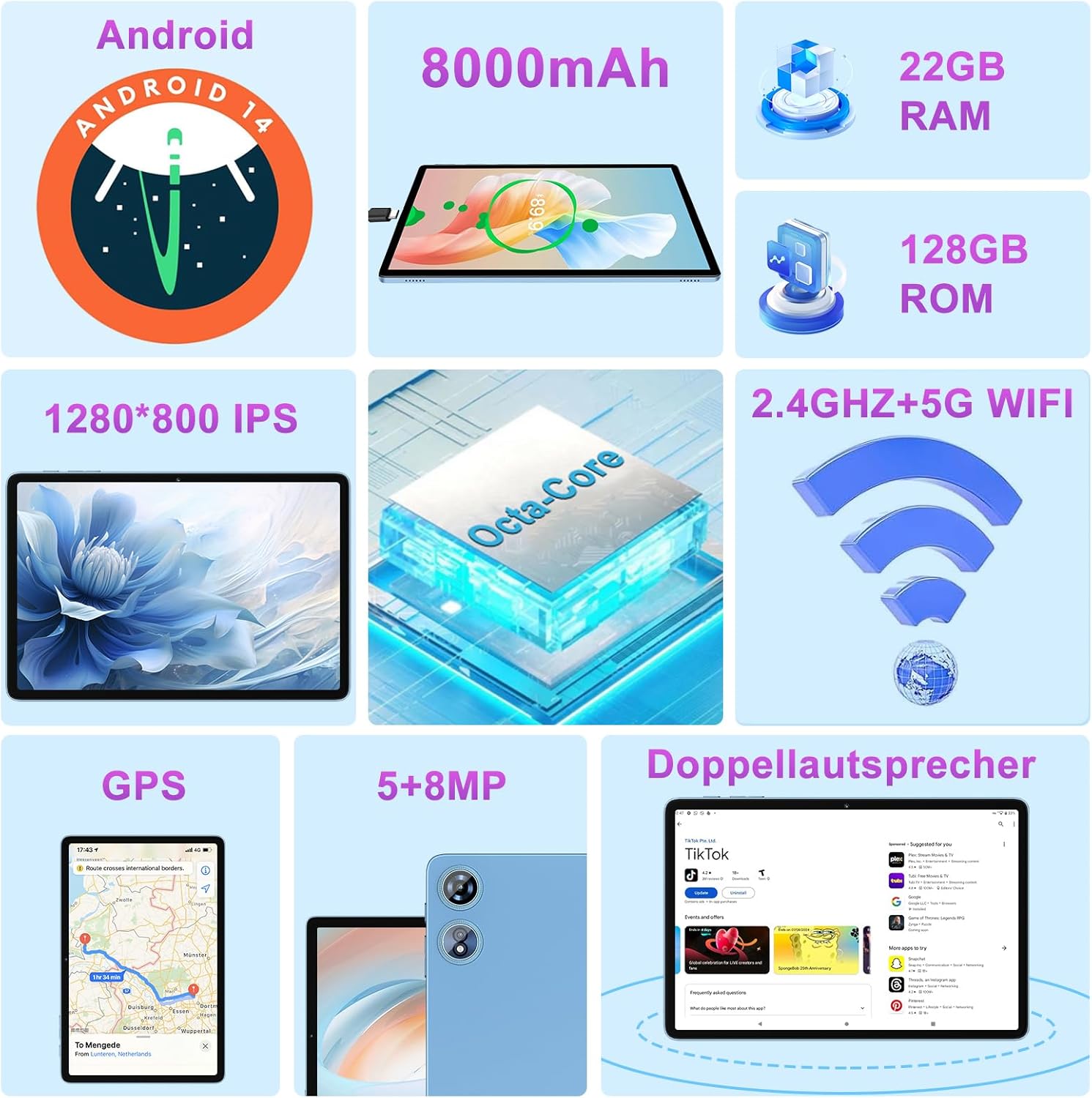 Tablet 10 Pollici Android 22GB RAM + 128GB ROM, Blu - immagine 2