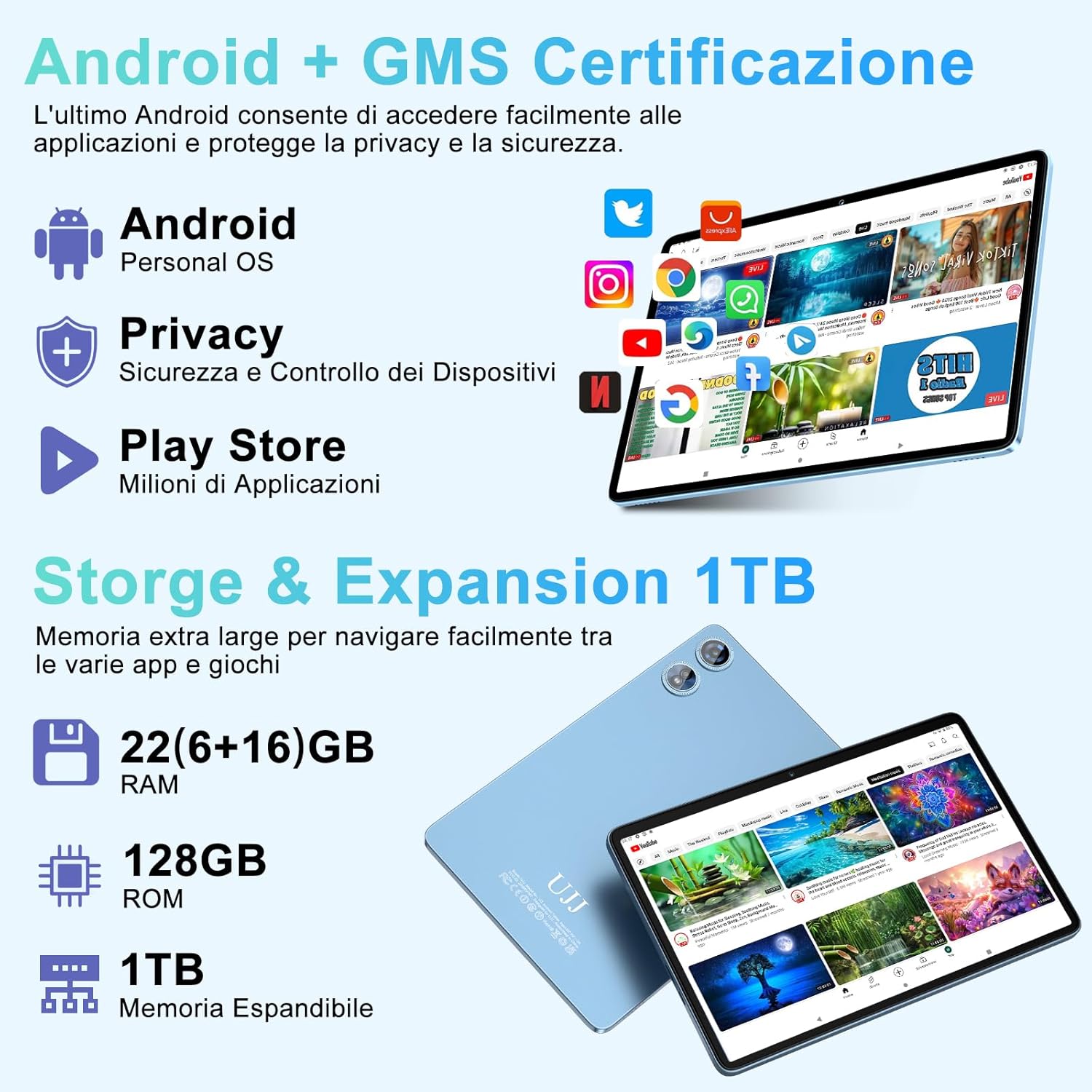 Tablet 10 Pollici Android 22GB RAM + 128GB ROM, Blu - immagine 3