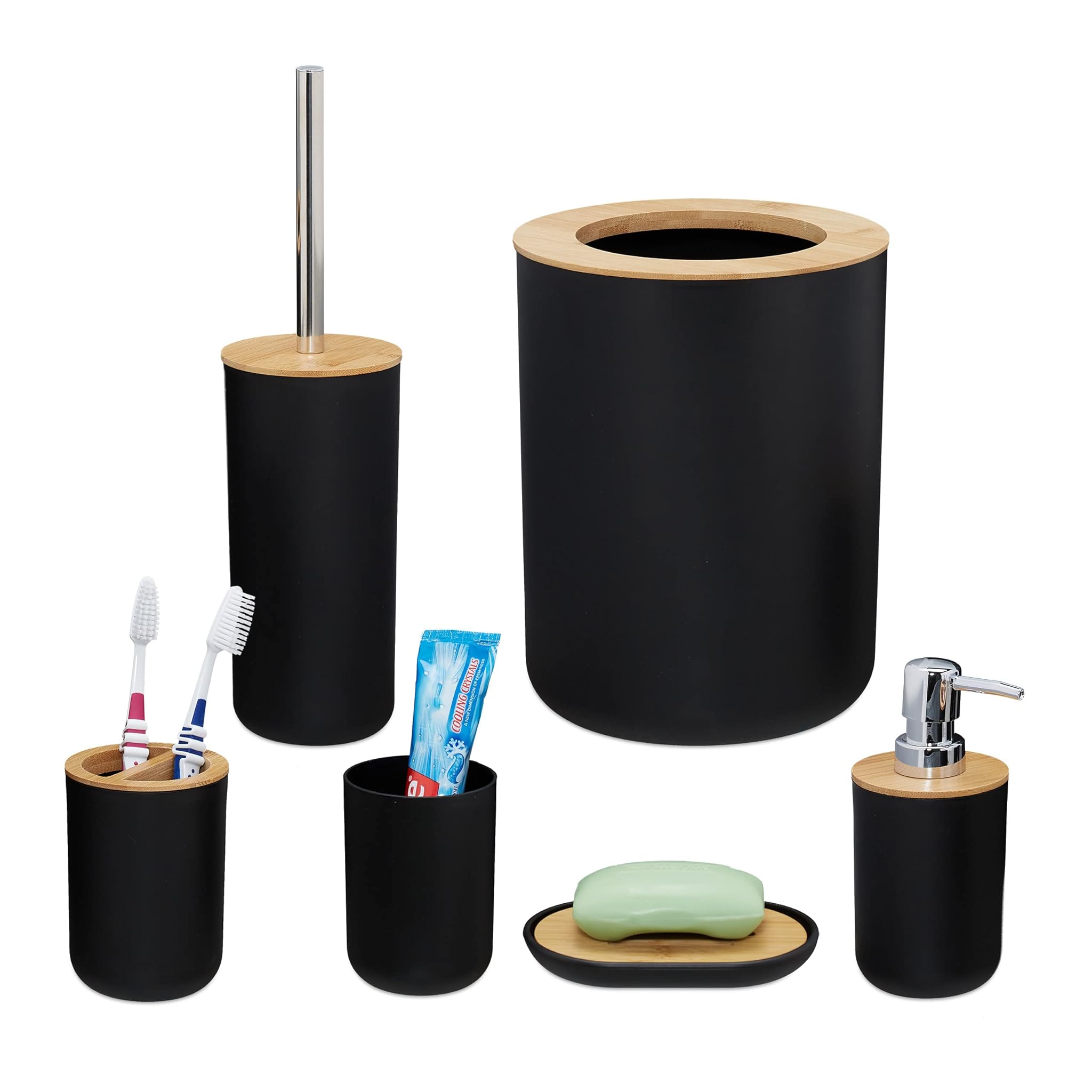 Relaxdays Set Accessori Bagno Completo da 6 pezzi, Nero