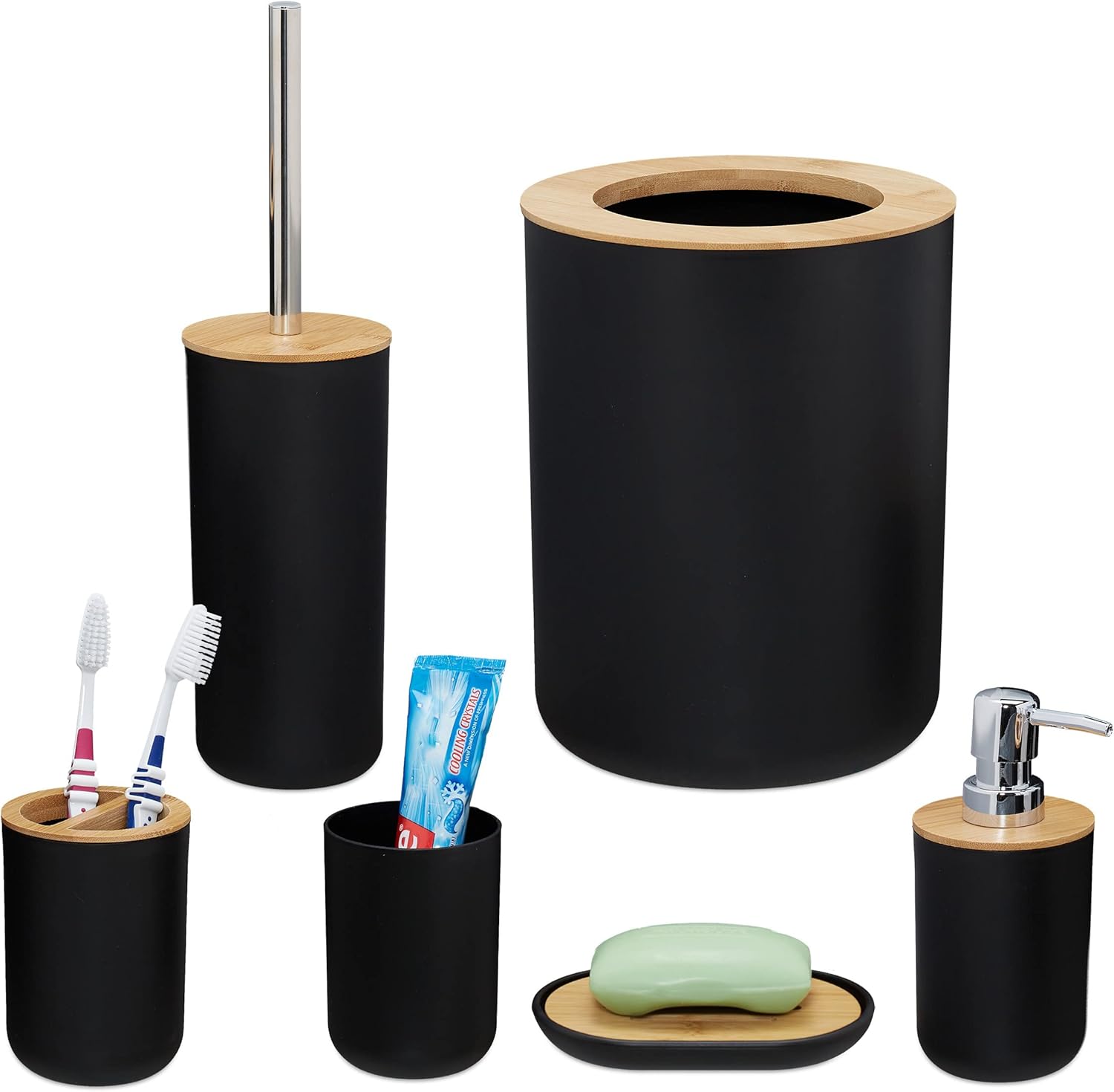 Relaxdays Set Accessori Bagno Completo da 6 pezzi, Nero - immagine 1