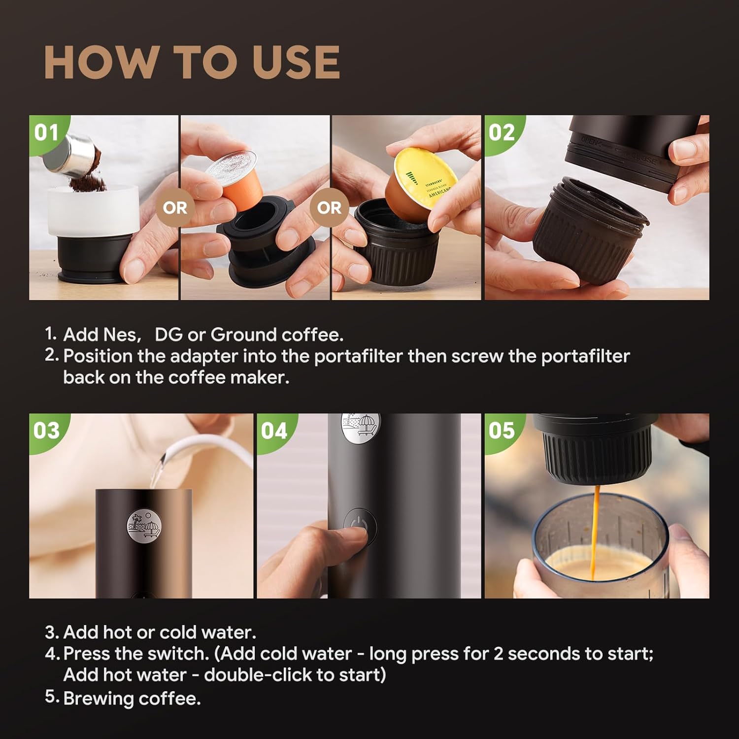 Macchina Caffè Portatile 3 in 1 19 Bar, Nera - immagine 4