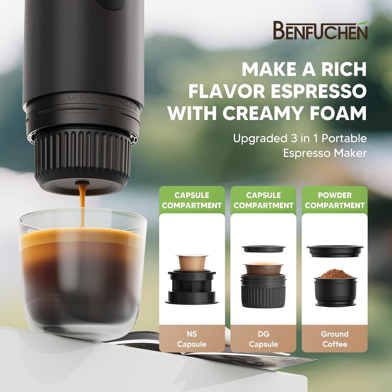 Macchina Caffè Portatile 3 in 1 19 Bar, Nera - immagine 5