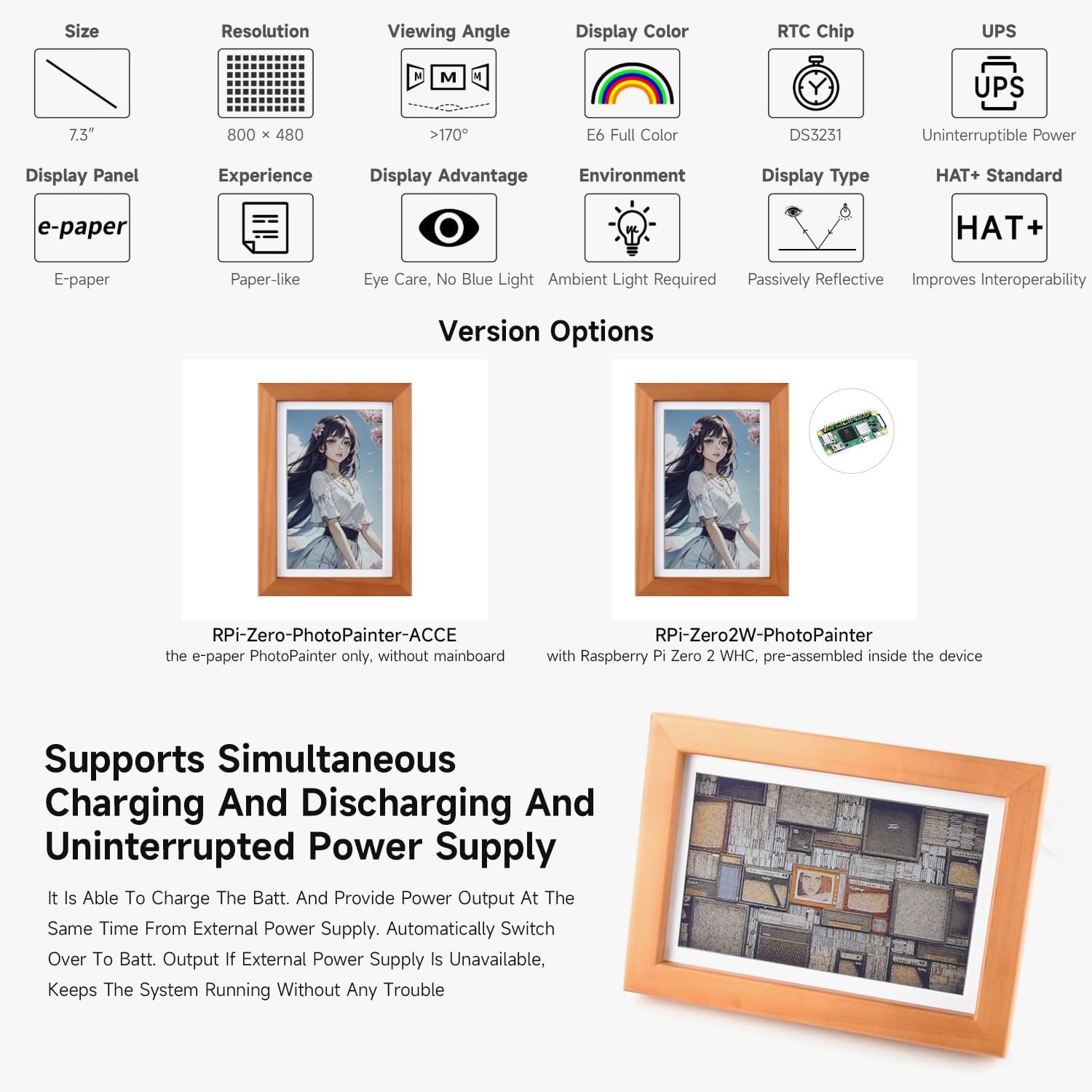 Waveshare 7.3inch E6 E-Paper Full Color con Cornice - immagine 4